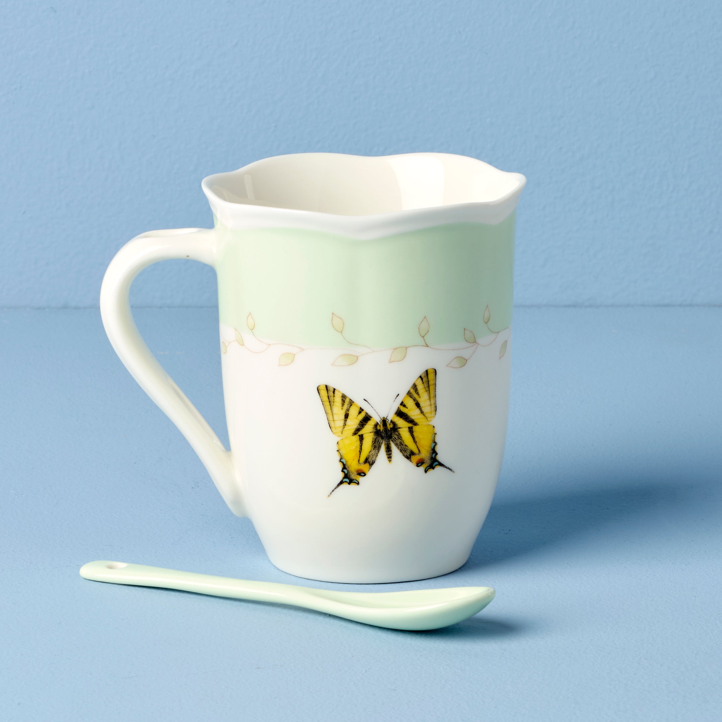 Butterfly Meadow Green Coffee Mugs with Spoons - Set of 2 Ceramic Tea Cups for Home, Office & Gift Giving | Perfect for Morning Coffee, Afternoon Tea & Cozy Moments