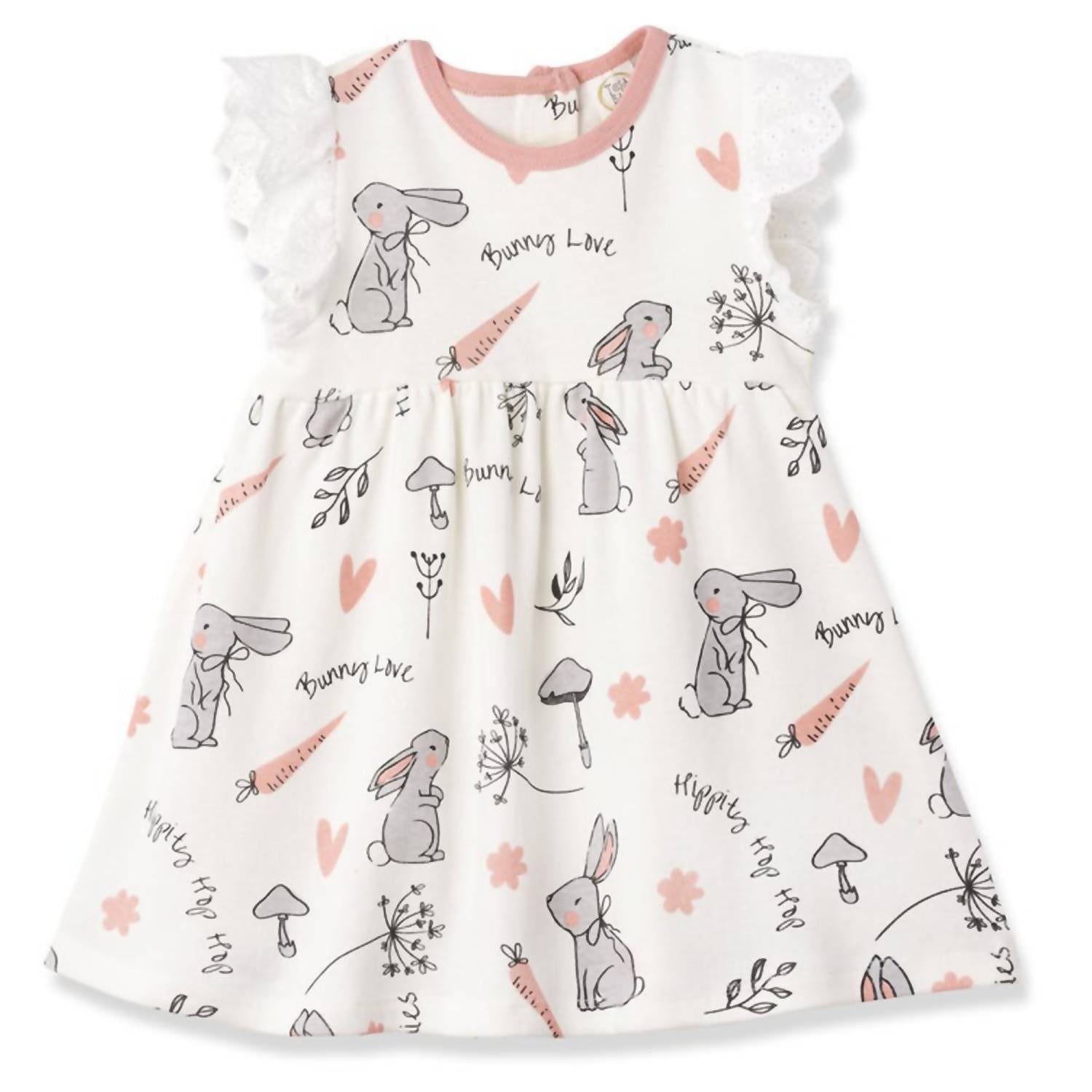 Happy Bunnies Baby Girls Dress - White, Coral, Grey | Soft Cotton Easter Outfit, Spring Photoshoot & Birthday Party Dress