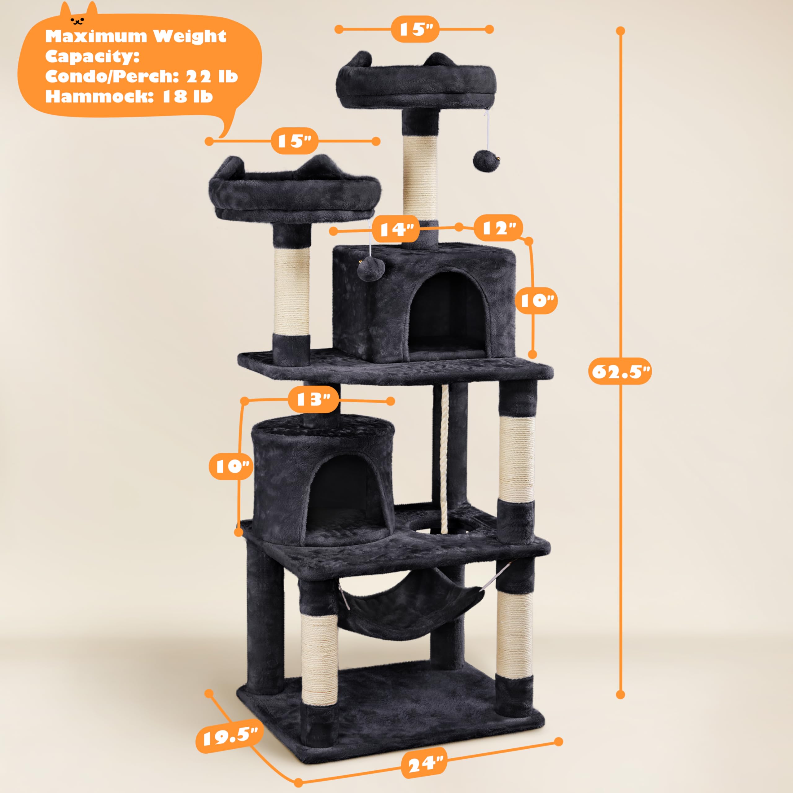 Yaheetech 62.2 Inch Multi-Level Cat Tree with Double Condo, Scratching Posts, Platform & Hammock - Sturdy Cat Tower for Indoor Cats - Perfect for Play, Climbing, Scratching & Relaxing in Home, Apartment or Office