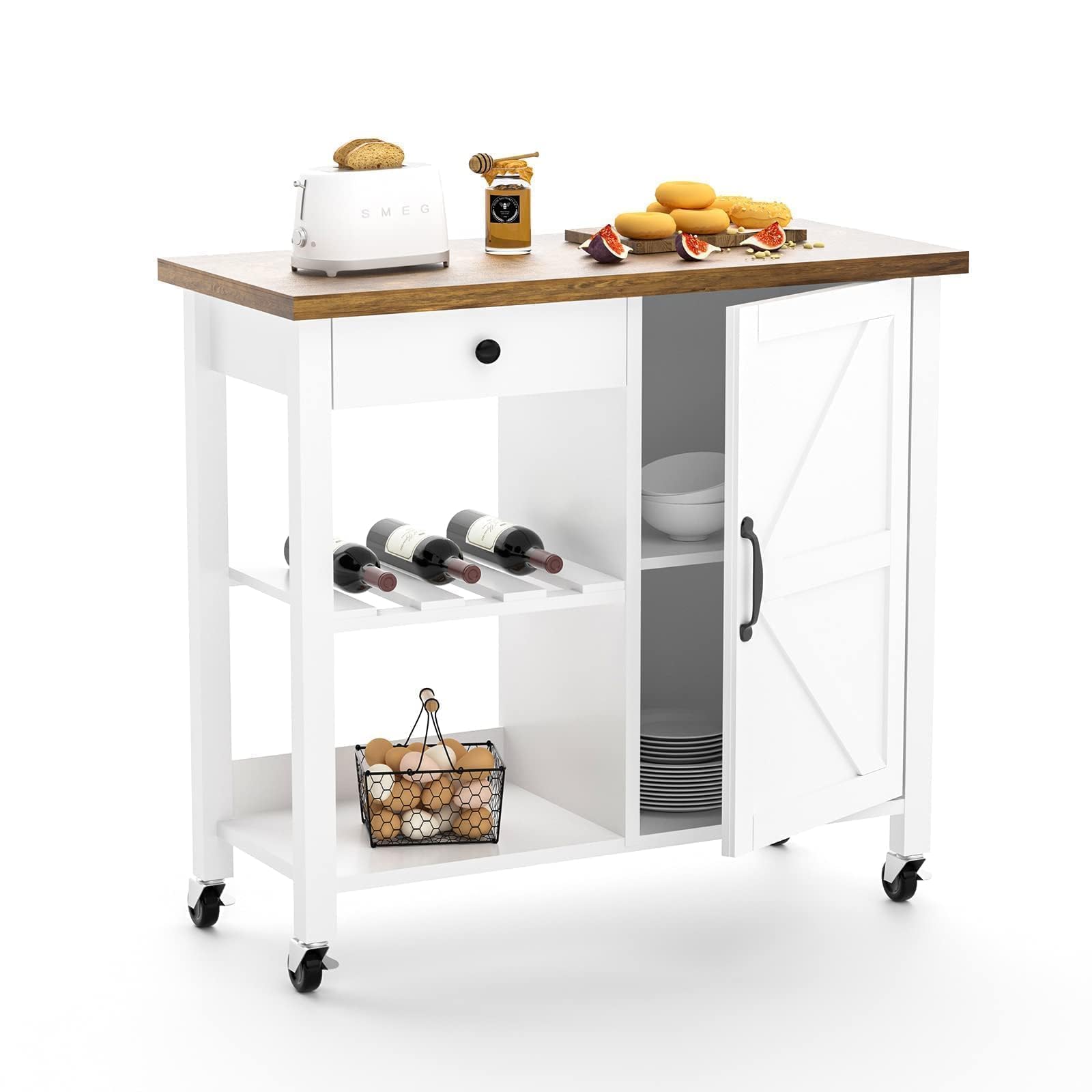 4 EVER WINNER Farmhouse Coffee Cart - Rolling Coffee Bar Cart with Storage Cabinet, Drawer & Adjustable Shelf, White Kitchen Island for Living Room, Dining Room & Kitchen - Perfect for Serving Coffee, Tea, Wine & Breakfast Snacks