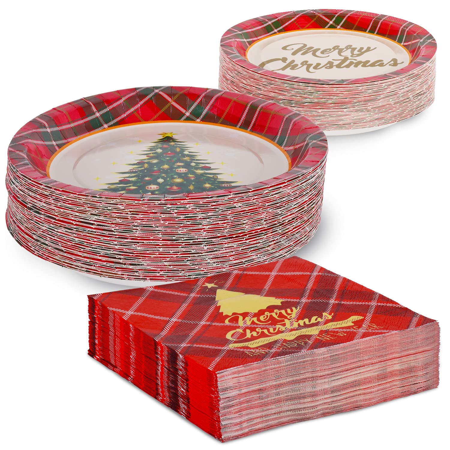 Gatherfun Christmas Party Supplies Set - 50 Disposable Red Plaid Paper Dinner Plates, Dessert Plates & Napkins for Holiday Celebrations | Perfect for Christmas Dinner, Office Parties & Family Gatherings