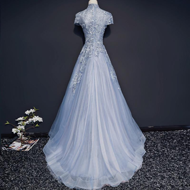 Elegant High Neck Short Sleeve Dusty Blue Long Prom Dress for Evening Parties - Formal Gown for Homecoming, Ball & Special Occasions