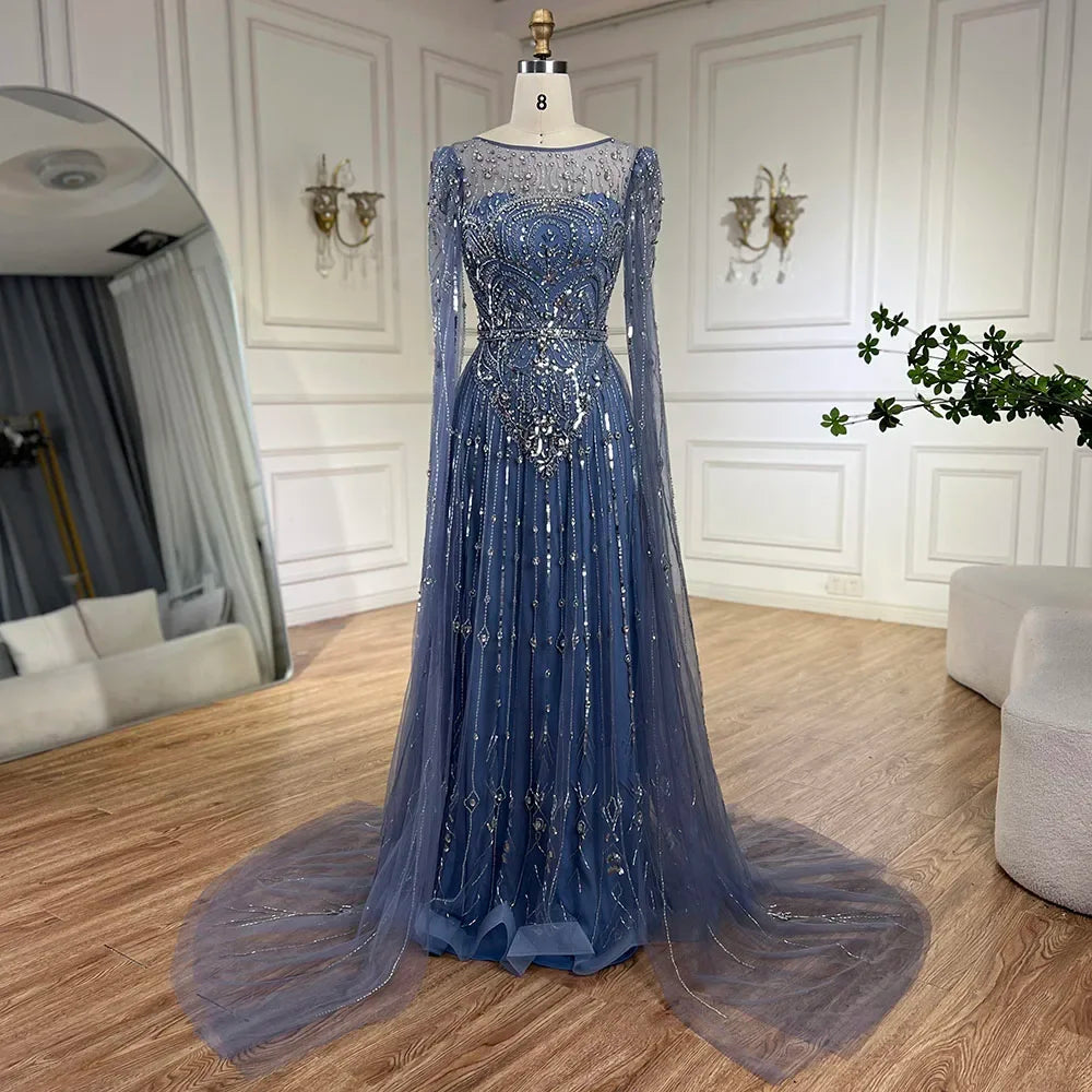 Luxury Designer Blue Beaded Stone Arabic Evening Dress with Cape Sleeve LA72635 - Elegant Formal Gown for Weddings, Galas & Special Occasions