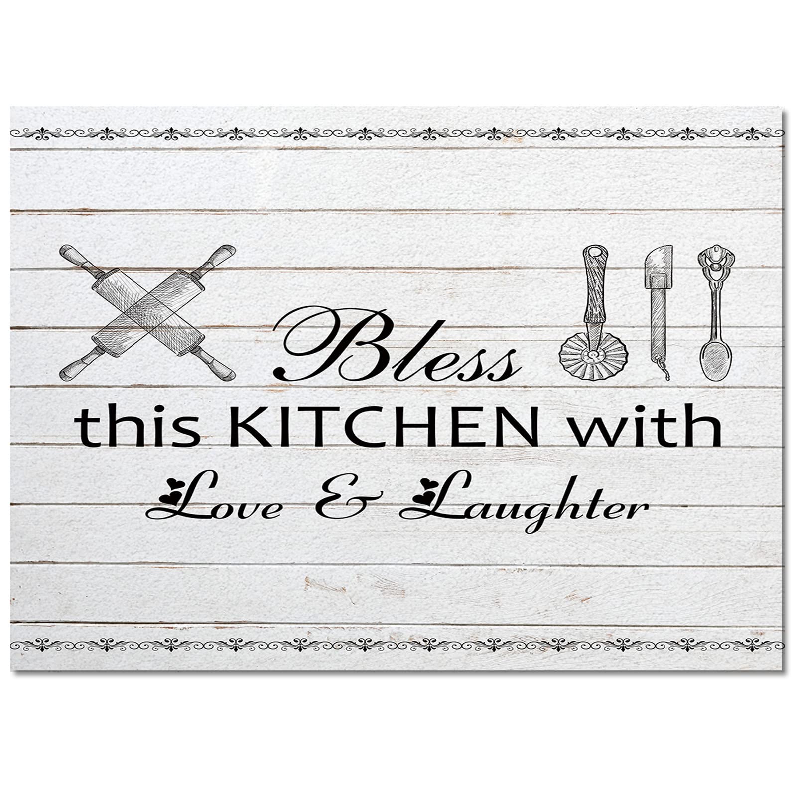 3'x5' Non-Slip Farmhouse Area Rug - Kitchen Utensils Design, Soft Carpet Runner for Bedroom, Living Room & Kids Room | Perfect Floor Cover Mat for Home Decor | Bless This Kitchen Wooden Pattern | Ideal for Cozy Spaces, Entryways & Dorm Rooms