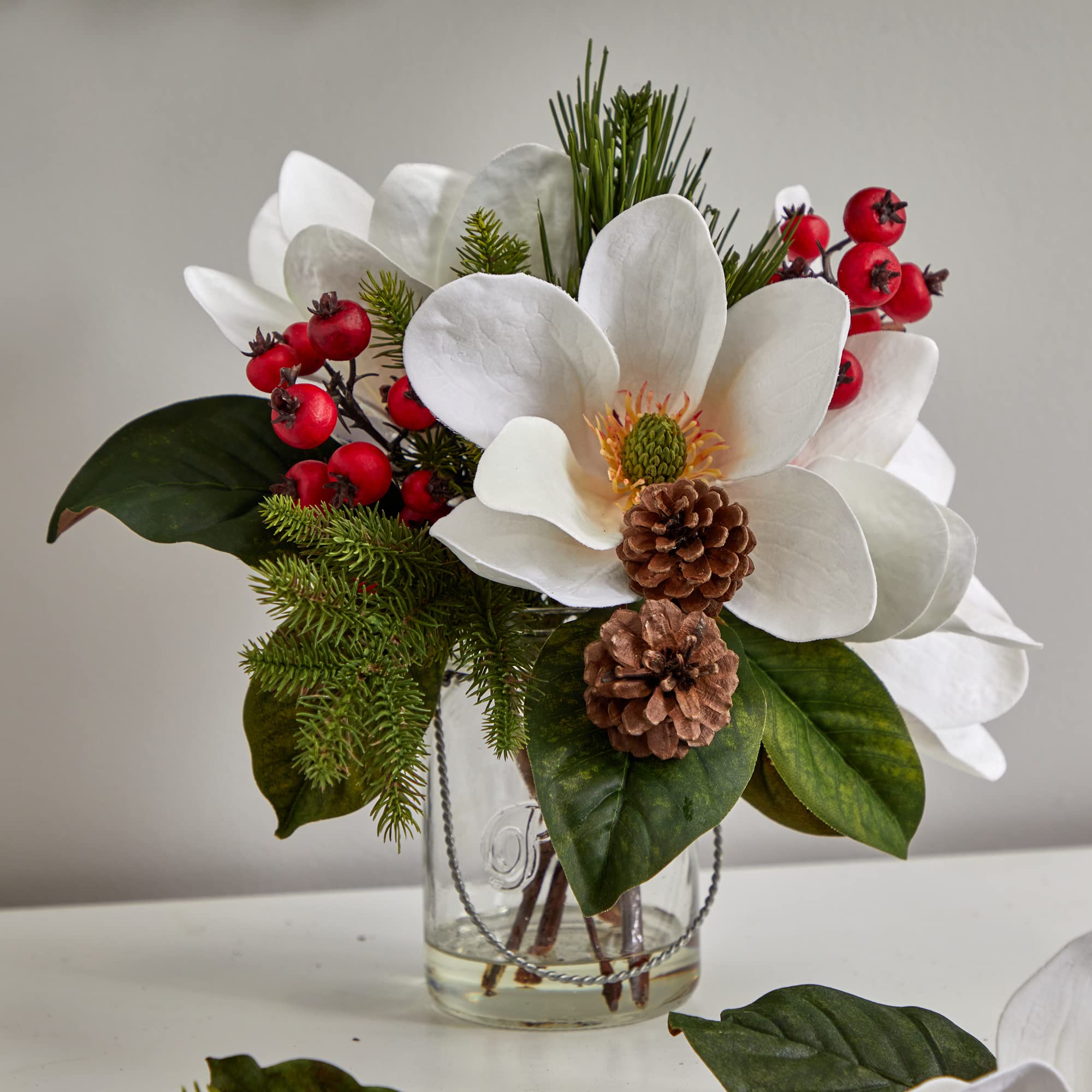 Nearly Natural Magnolia Pine Berry Holiday Arrangement in Glass Vase - Elegant Christmas Centerpiece for Home Decor, Office & Holiday Party Table Settings