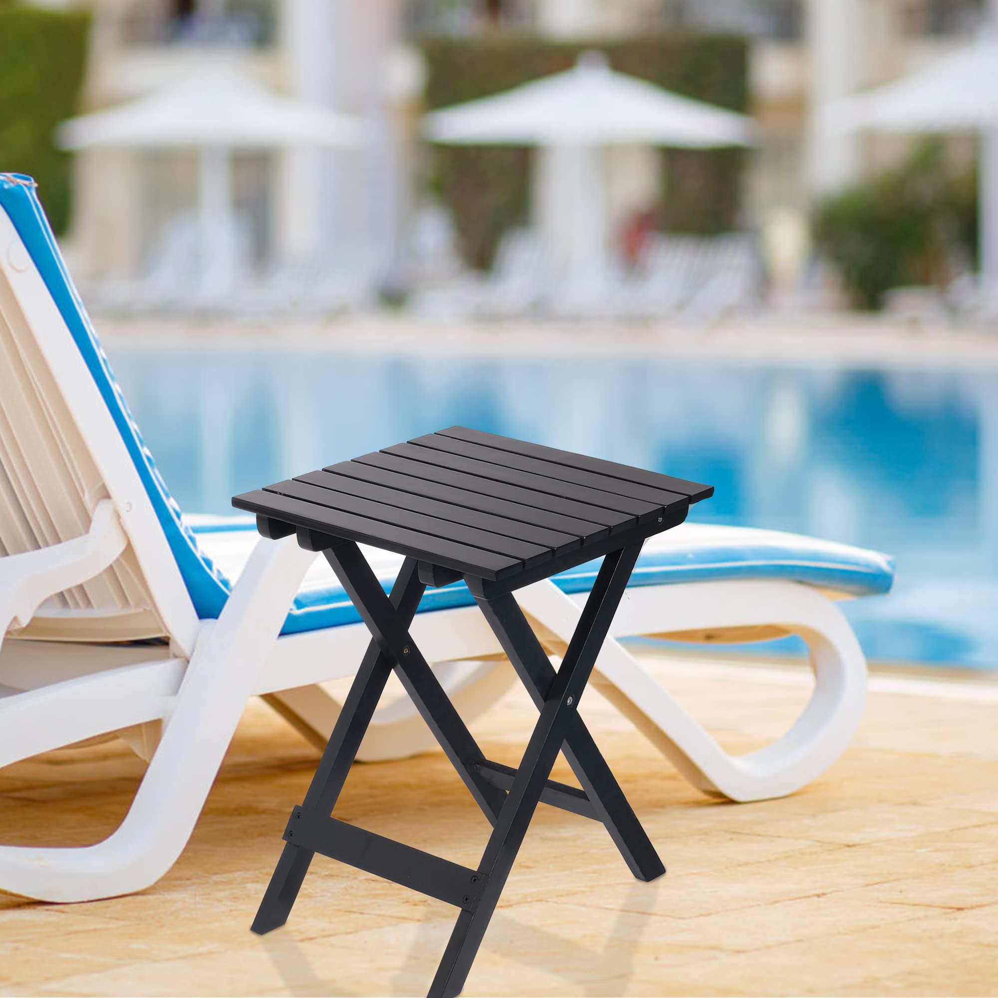 LUCKYERMORE Wooden Folding Square Side Table - Outdoor Patio End Table for Poolside, Backyard & Garden - Black | Perfect for Drinks, Books & Decor by Pool, Patio or Balcony
