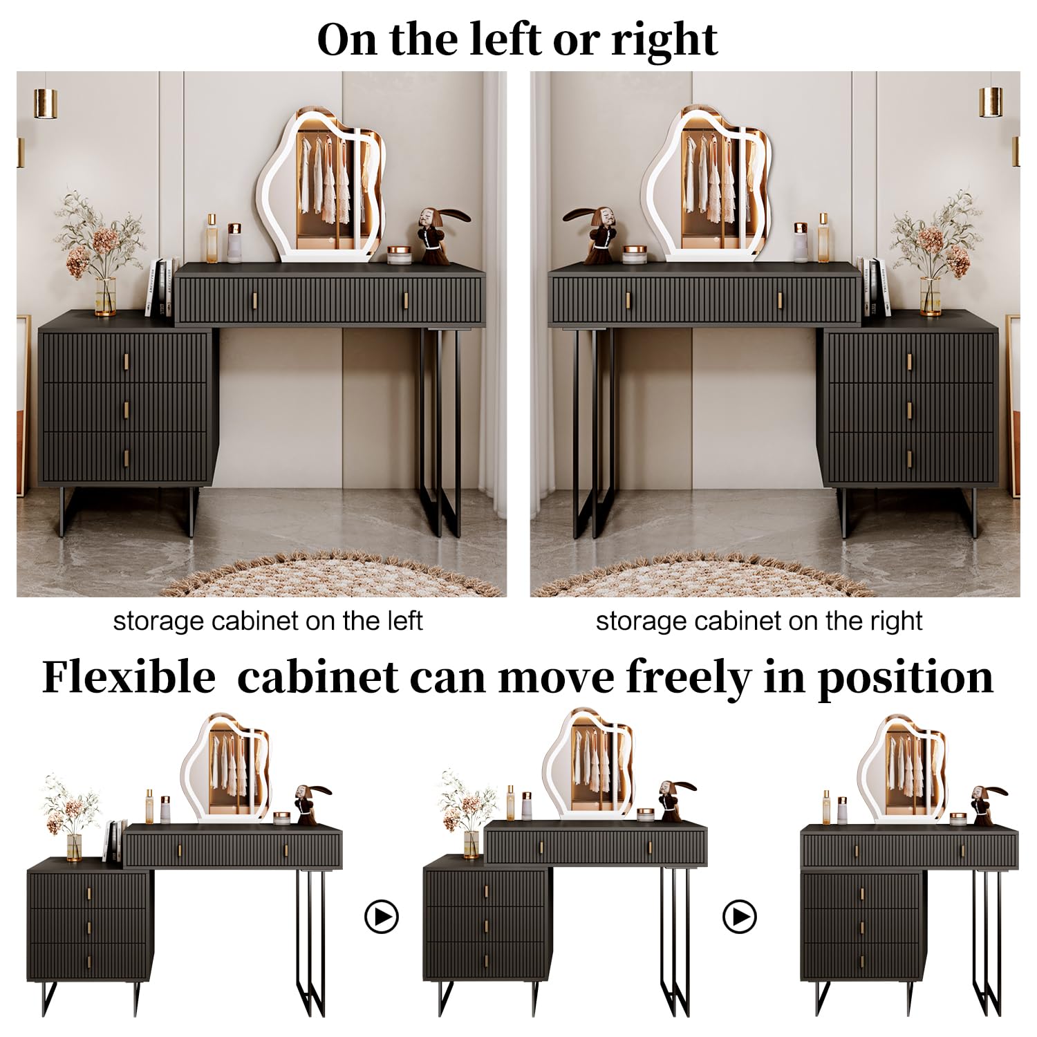Modern Black Vanity Desk with Mirror & LED Lights - Small Makeup Table with 5 Drawers & Adjustable Storage Cabinet - Elegant Dressing Table for Bedroom, Makeup Room & Home Decor - Perfect for Cosmetics Organization & Beauty Routine