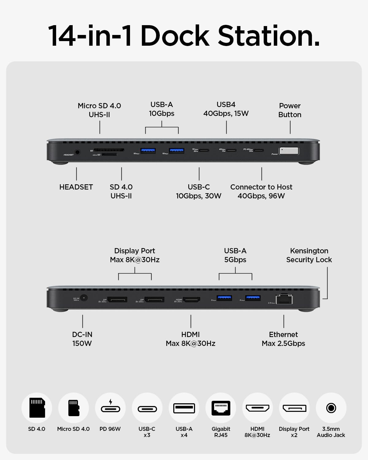Spigen ArcDock Pro 14-in-1 Thunderbolt 4 Docking Station with 8K Resolution, Triple Display Support, 96W Charging, USB4, HDMI, DP, Ethernet for MacBook Pro/M3/M2/Air & Windows - Perfect for Home Office, Gaming & Multi-Tasking [Includes USB-C Cable & Adapter]