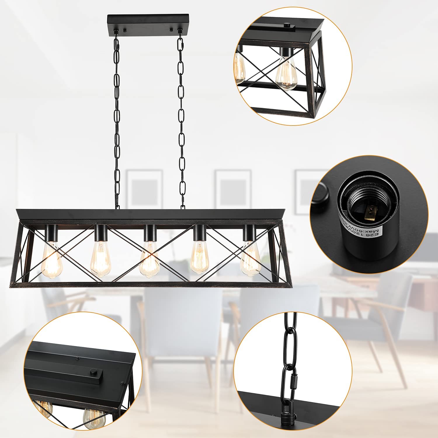 5-Light Black & Gold Industrial Chandelier - Modern Hanging Pendant Light for Kitchen Island & Dining Room | Farmhouse & Contemporary Home Decor | Perfect for Kitchen Lighting, Breakfast Nook & Dining Area