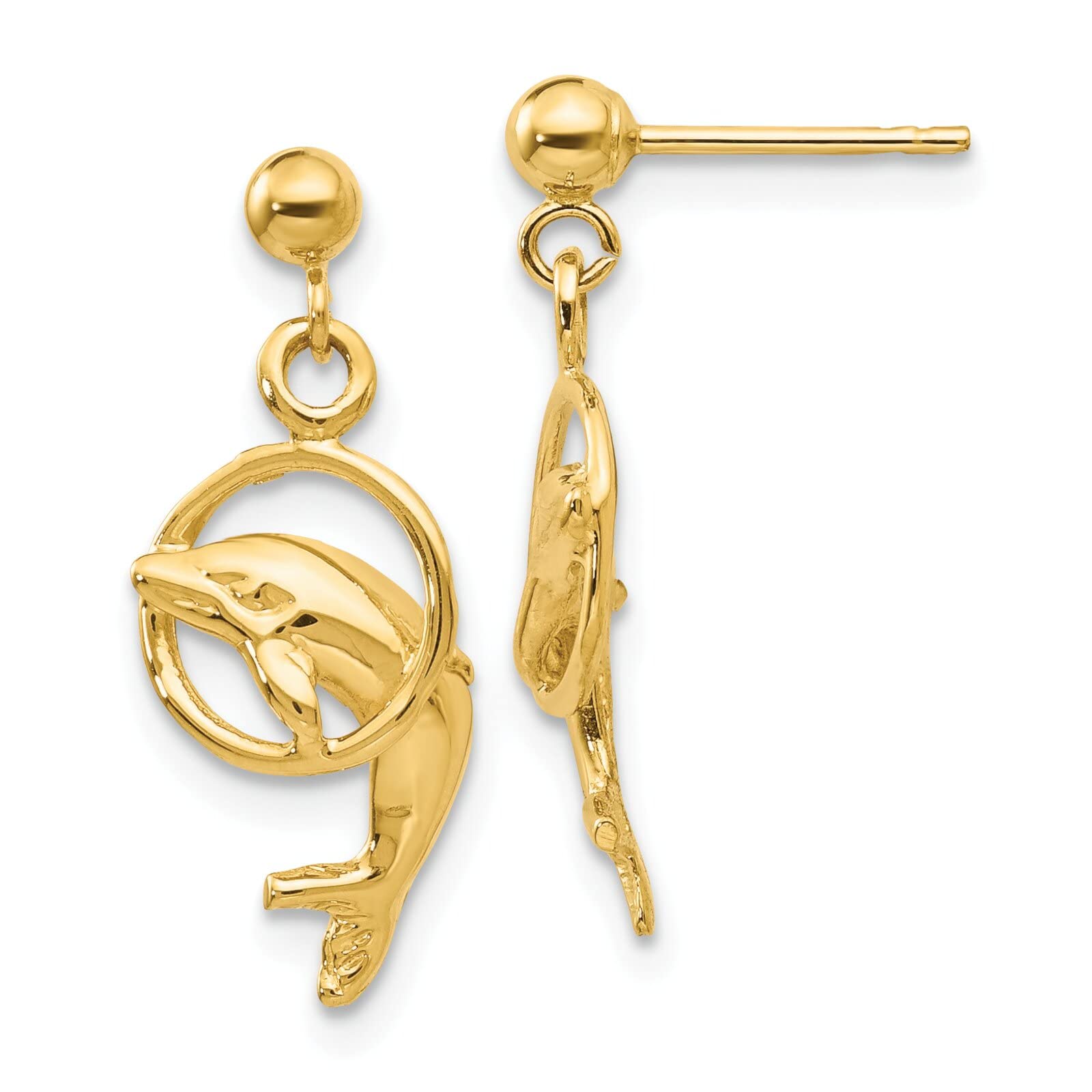 14K Yellow Gold Dolphin & Hoop Earrings - Elegant Dangle Jewelry for Women, Perfect for Beach Vacations, Summer Parties & Gift Giving