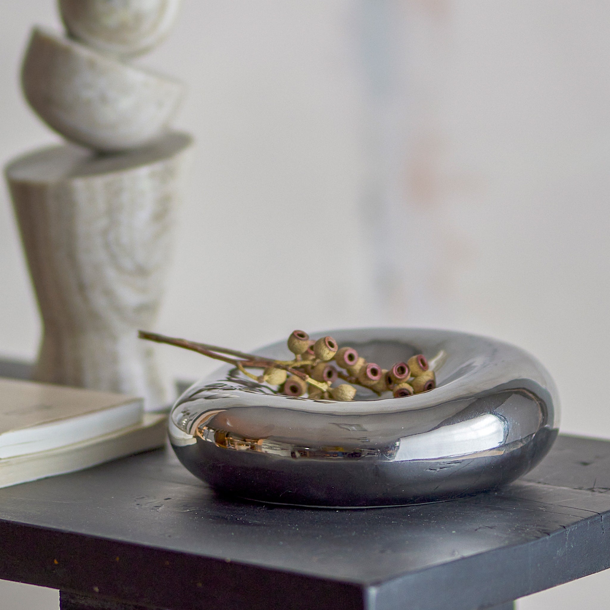 Bloomingville Shine Stoneware Bowl - 18cm Chrome/Silver Serving Bowl for Salad, Soup, Dessert & Table Decor