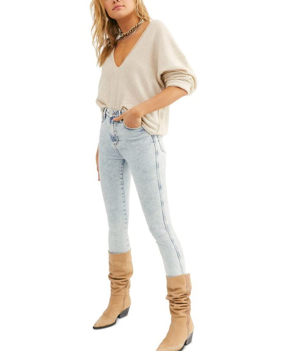 Free People Frayed-Hem Skinny Jeans for Women - Acid Wash Indigo Denim, Size 29 | Perfect for Casual Outfits, Date Nights & Street Style Fashion