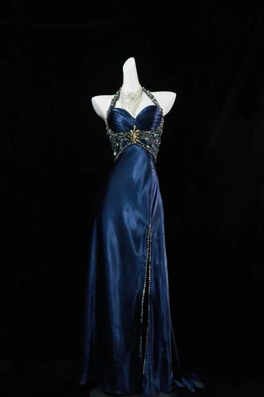 Elegant Navy Blue A-Line Halter Prom Dress with Beaded Slit Detail - Perfect for Evening Gala, Homecoming Dance & Formal Events (Style J6560)