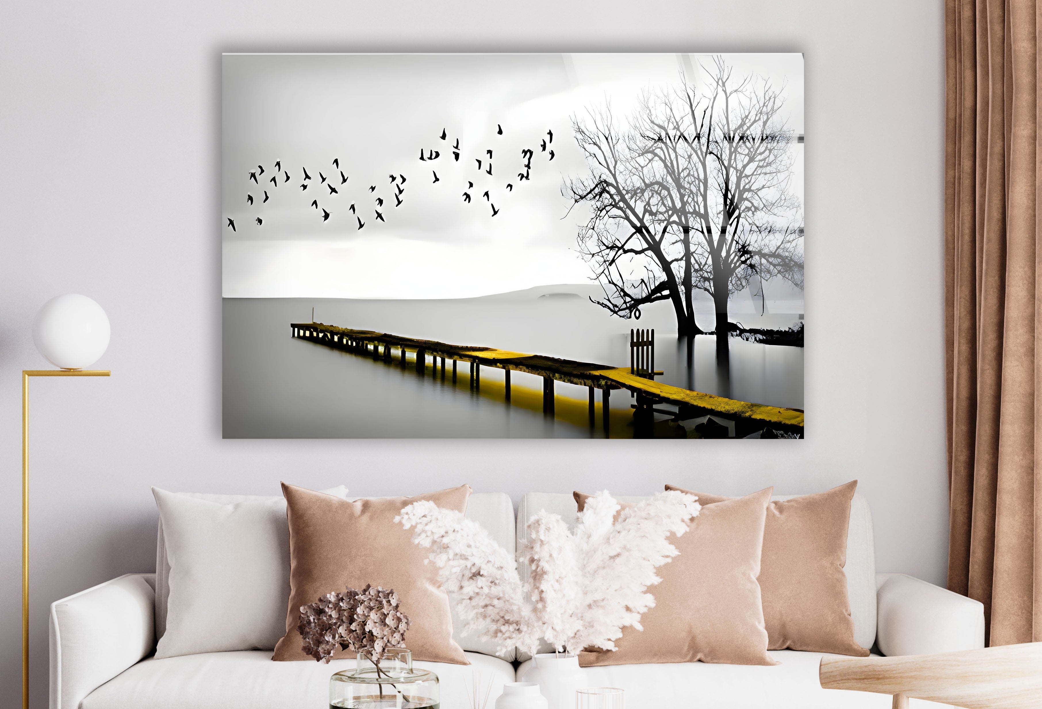 Black and White Dock & Birds Glass Wall Art - Elegant Coastal Decor for Living Room, Bedroom, or Office