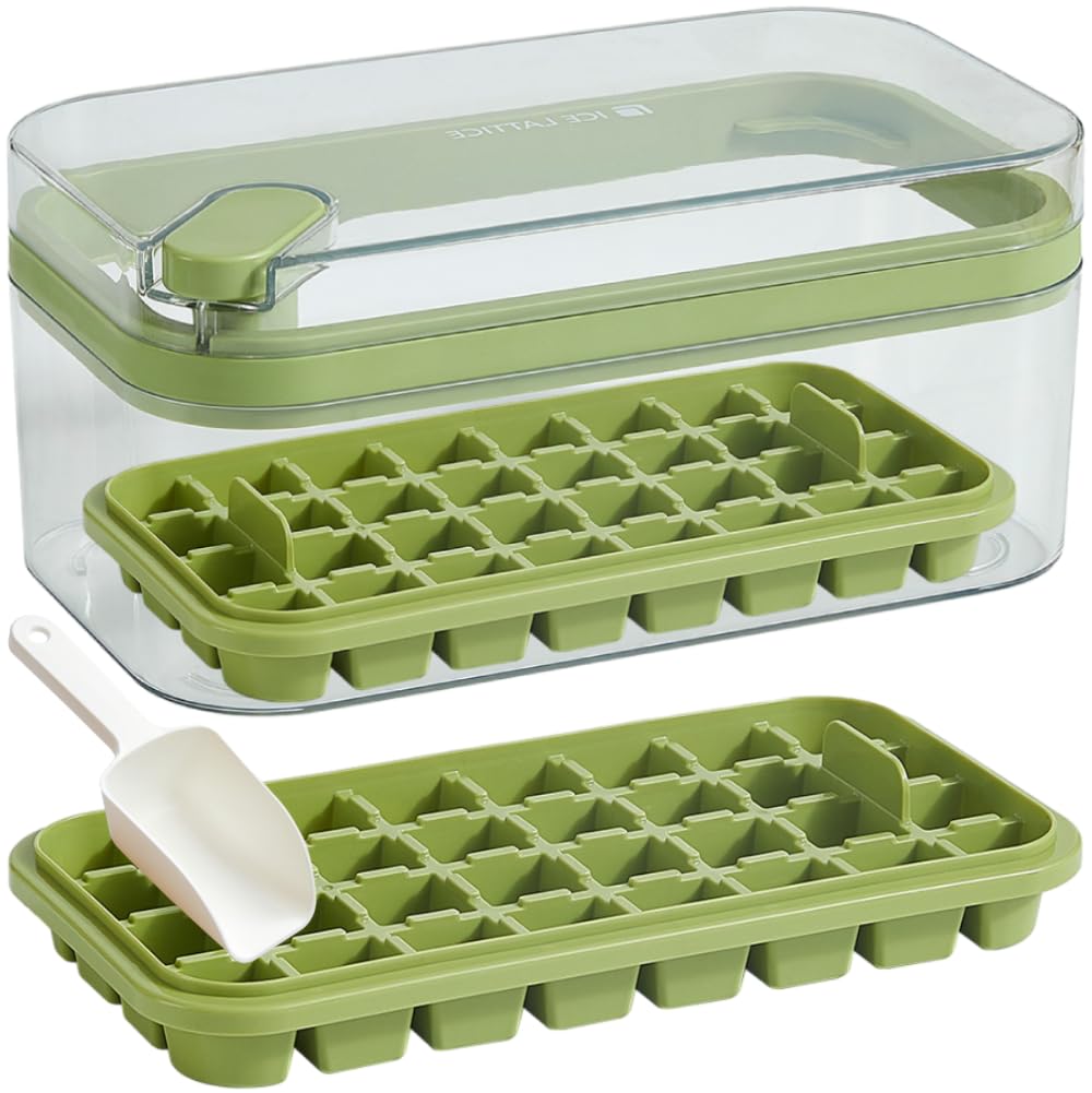2 Pack Ice Cube Tray Set with Lid & Storage Bin - 64 Ice Cube Molds for Freezing (Green) | Perfect for Cocktails, Smoothies & Party Drinks