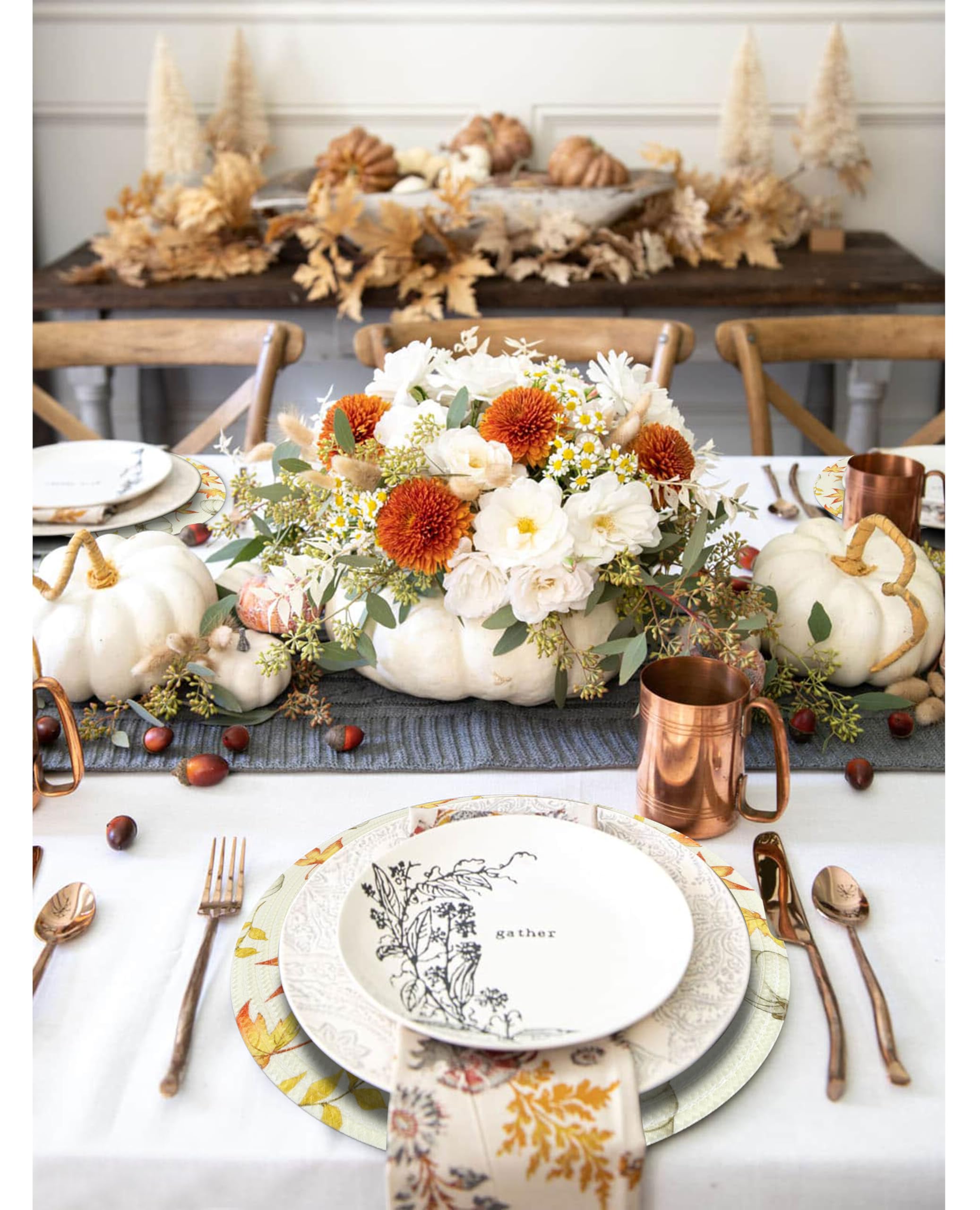 U'Artlines Fall Round Braided Placemats Set of 4 - 15 Inch Pumpkin & Leaves Design, Washable Woven Table Mats for Thanksgiving, Kitchen, Dining Table Decor | Perfect for Autumn Gatherings, Holiday Parties & Cozy Home Dining
