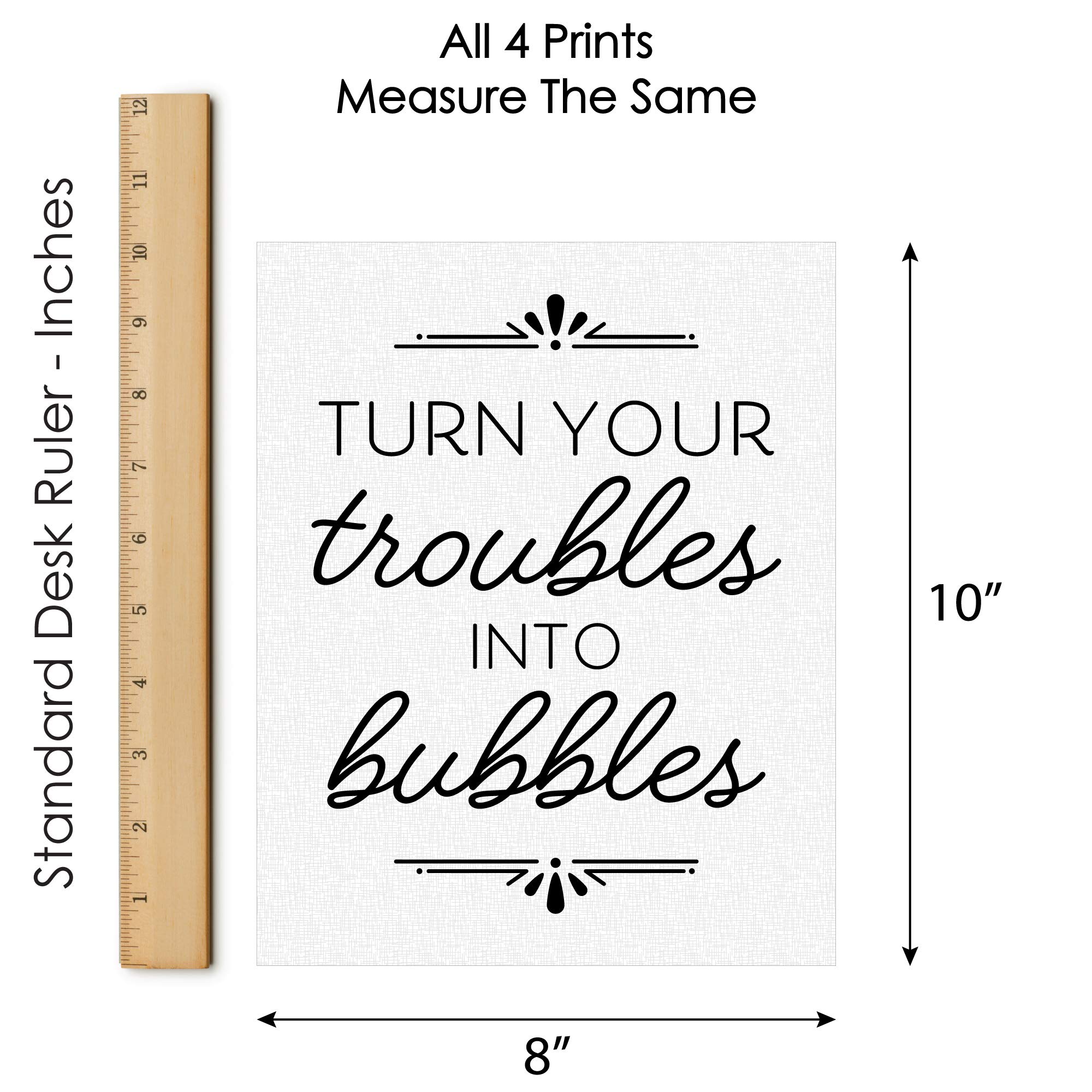 Big Dot of Happiness Turn Your Troubles Into Bubbles - Set of 4 Unframed 8x10 Inch Black & White Bathroom Wall Art Prints - Perfect for Spa Decor, Relaxation Spaces & Home Interior Design