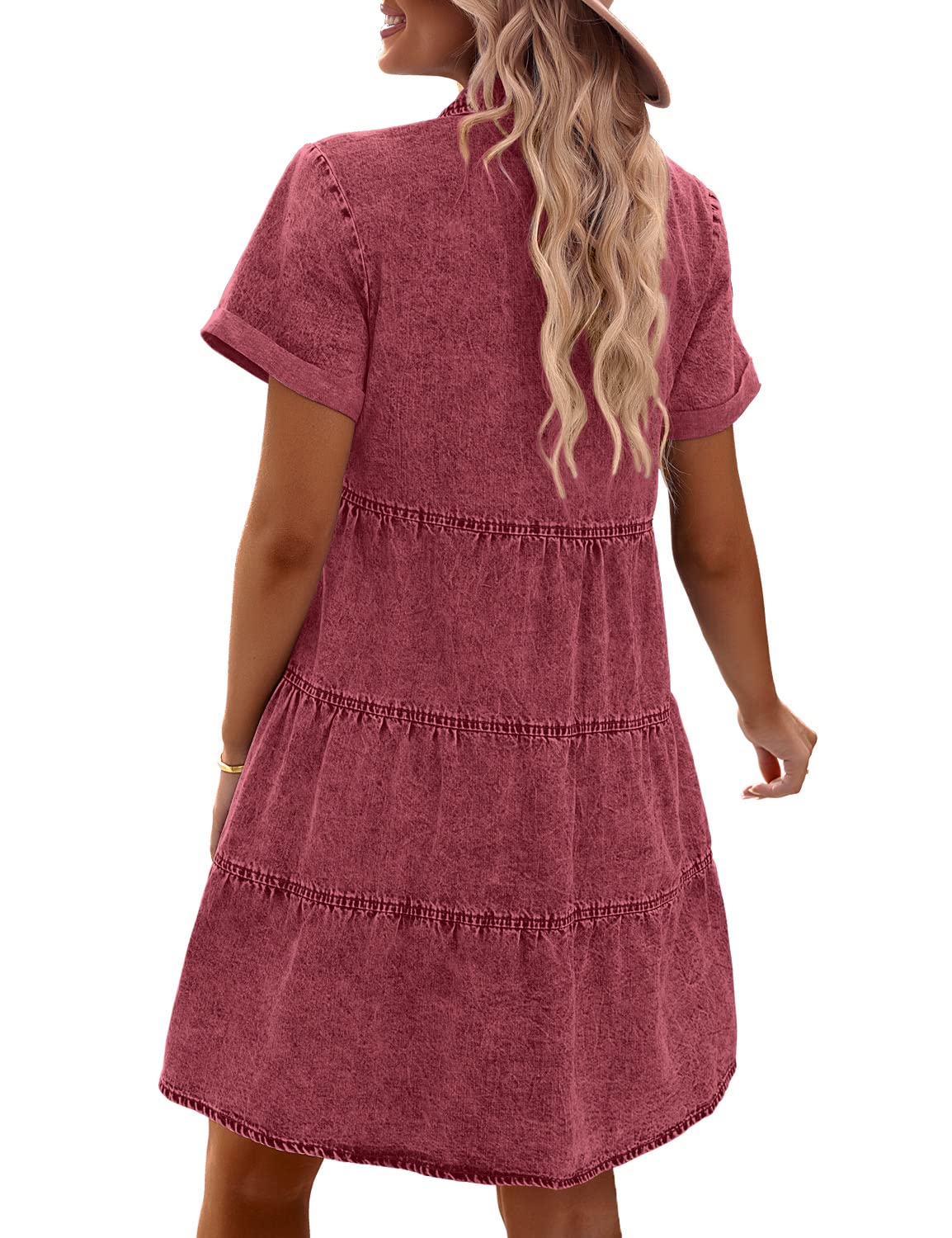 GRAPENT Women's Denim Babydoll Dress - Tiered Short Sleeve Button Down Jean Shirt Dress for Casual Wear, Date Night & Summer Outfits