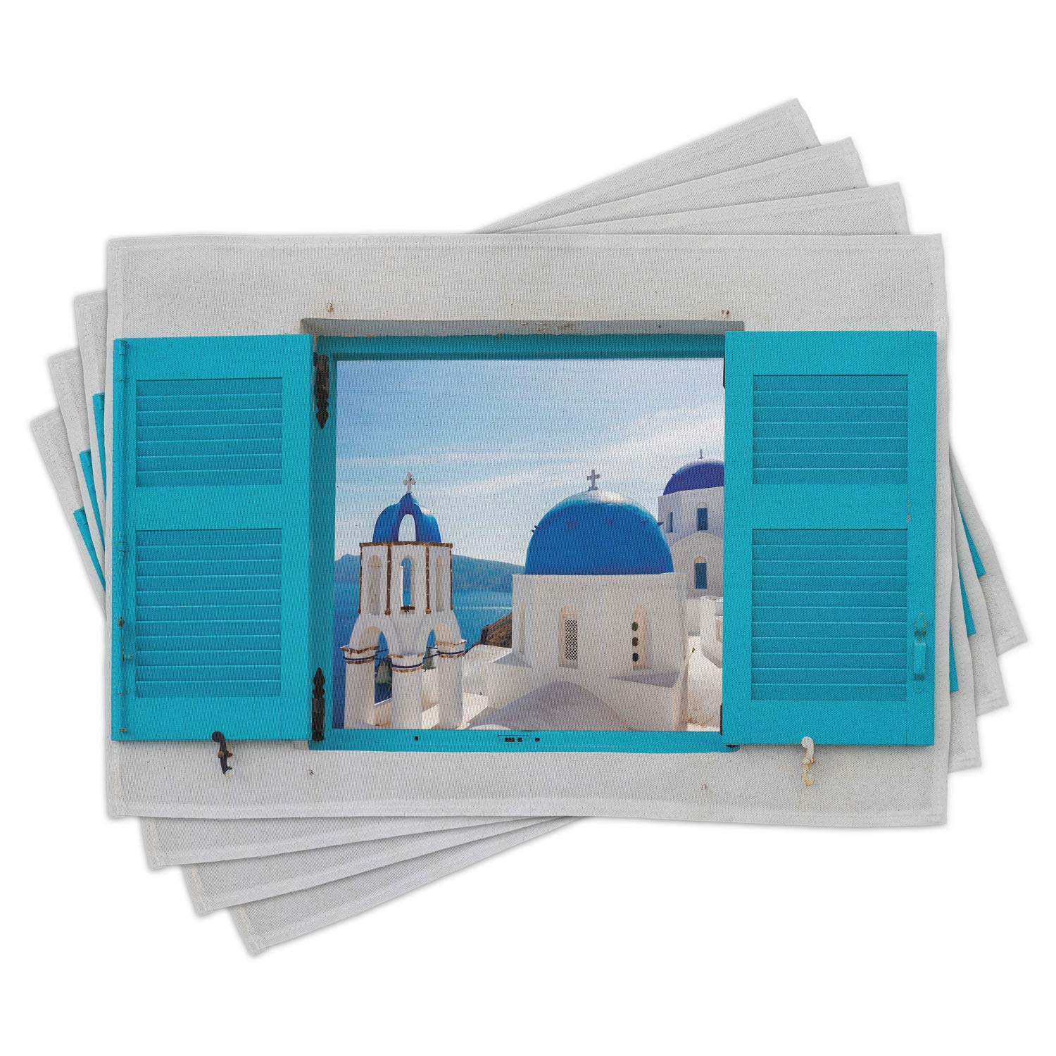 Ambesonne 4-Pack Landscape Place Mats - Window View of Classical Building Domes in Oia Santorini Greece, Washable Fabric Table Mats for Dining Room, Standard Size 12x18 Inches, Aqua Blue & White - Perfect for Mediterranean-Themed Dinner Parties, Kitchen Decor, and Travel-Inspired Home Accessories