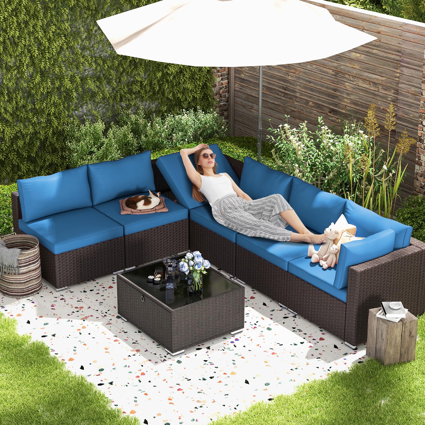 HOMREST 7-Piece All-Weather Wicker Patio Furniture Set with Adjustable Bracket & Coffee Table - Outdoor Conversation Set for Porch, Garden, Backyard (Blue) - Perfect for Relaxing, Entertaining & Outdoor Dining