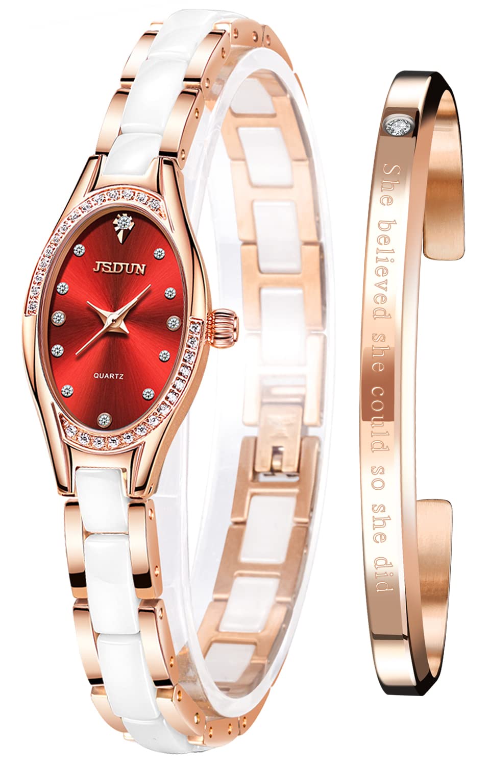 OLEVS Women's Ceramic Watch - Stylish Two-Tone Stainless Steel Small Face Waterproof Watch for Women (Red) | Perfect Gift for Her, Ideal for Work, Parties & Everyday Wear