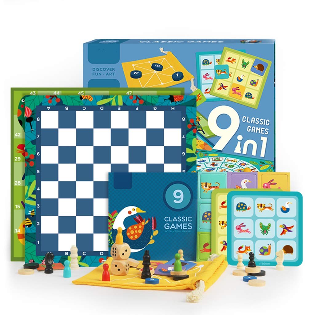 FEANG 9-in-1 Multi-Function Tabletop Game Set with Ludo, Chinese Checkers, Chess & More - Portable Travel Board Games for Kids & Adults - Perfect for Family Game Nights, Camping Trips & Travel Entertainment
