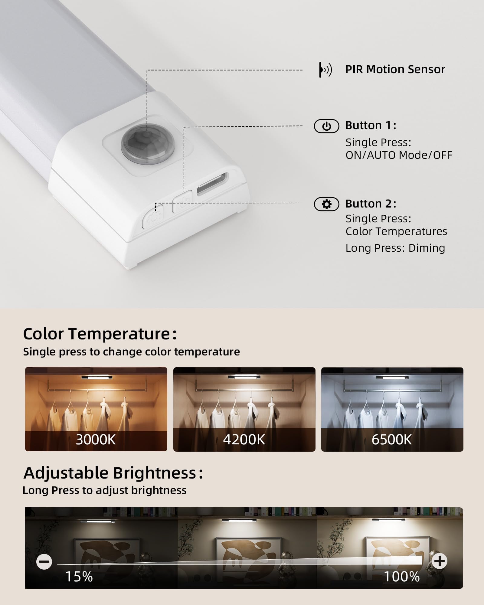 EZVALO 30 LED Rechargeable Closet Lights - Wireless Under Cabinet Lighting with Dimmer & Motion Sensor for Kitchen, Bedroom, Wardrobe