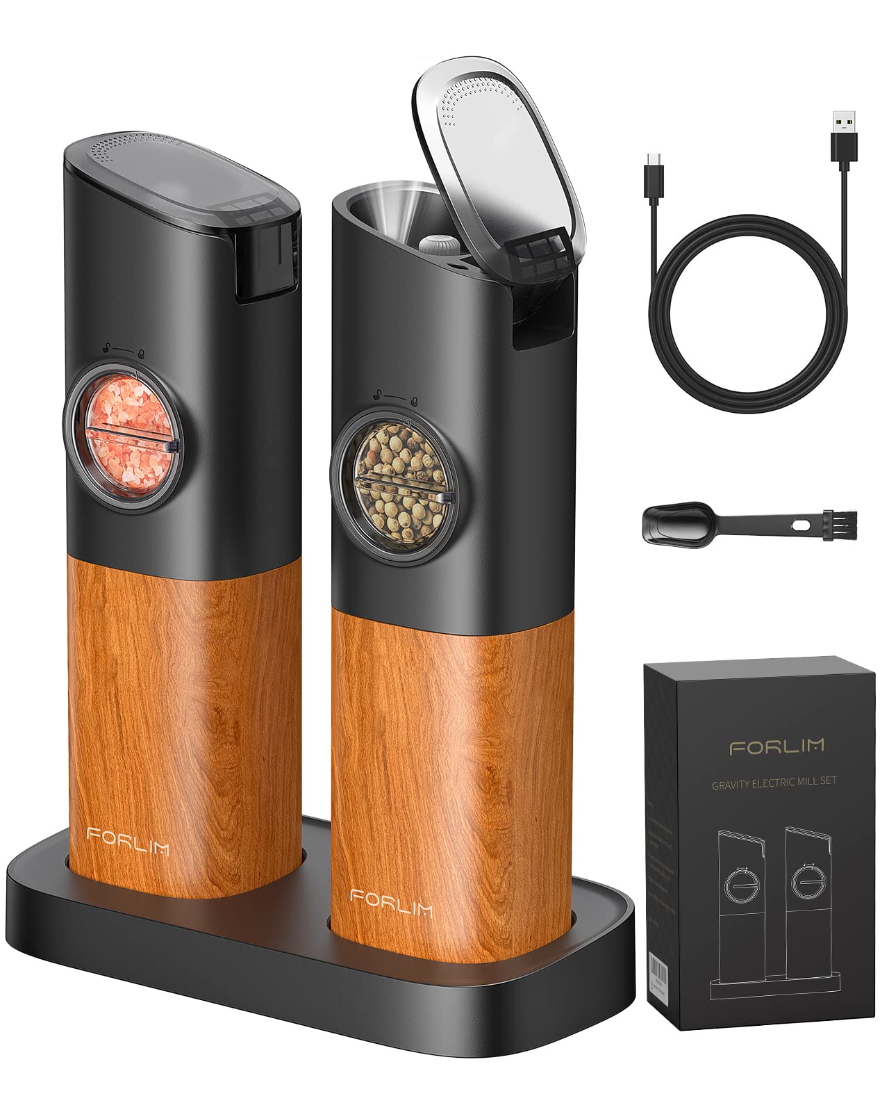 FORLIM Gravity Electric Salt and Pepper Grinder Set - USB Rechargeable, Large Capacity, Adjustable Coarseness, One-Hand Operation with LED Light (Natural Wood Grain) - Perfect for Kitchen, Dining Table, Camping & Gifts
