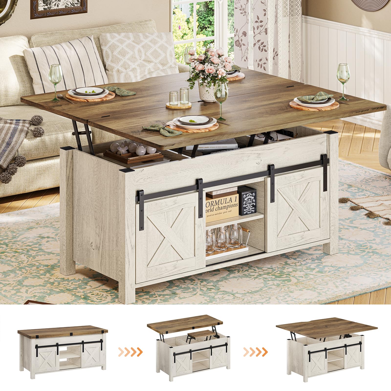 SEDETA 4-in-1 Lift Top Coffee Table with Storage & Hidden Compartment - Convertible Farmhouse Coffee Table to Dining Table for Living Room, Rustic Brown - Perfect for Small Spaces, Entertaining & Multifunctional Home Decor