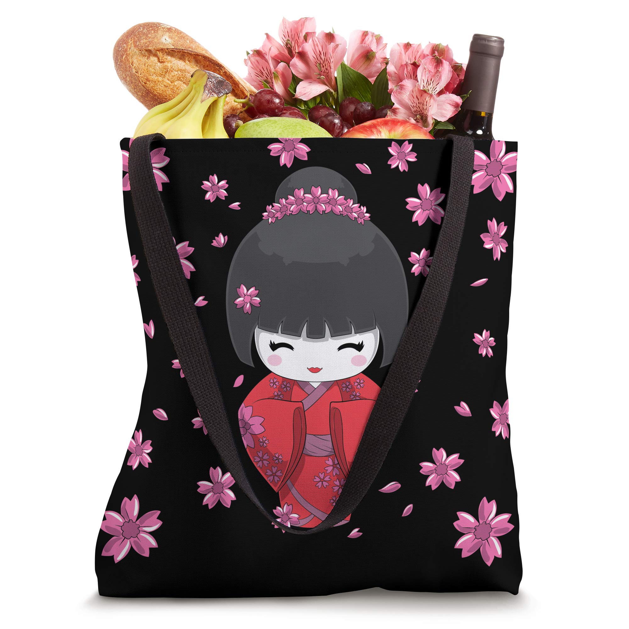 Japanese Kawaii Kokeshi Doll Cherry Blossom Tote Bag - Cute Floral Print Reusable Shopping Bag for Women, Perfect for Grocery, Beach & Daily Use