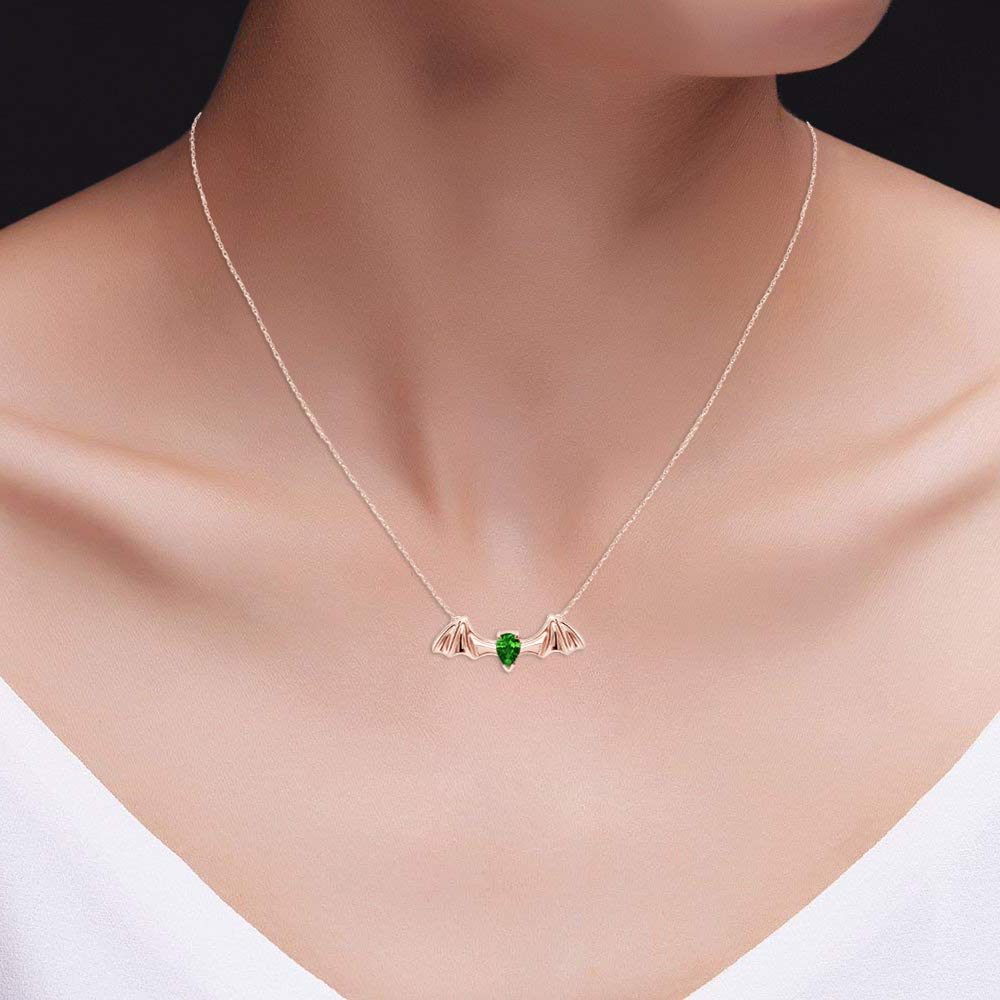 925 Sterling Silver Pear Shape Simulated CZ Flying Bat Pendant Necklace - Gothic Jewelry for Halloween, Cosplay & Vampire Themed Outfits
