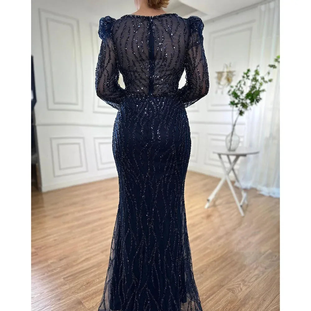 Elegant Muslim Blue Mermaid Evening Dress with Beaded Details - Luxury Arabic Gown for Women - Perfect for Weddings, Parties & Special Occasions - Serene Hill Collection 2025 LA71931