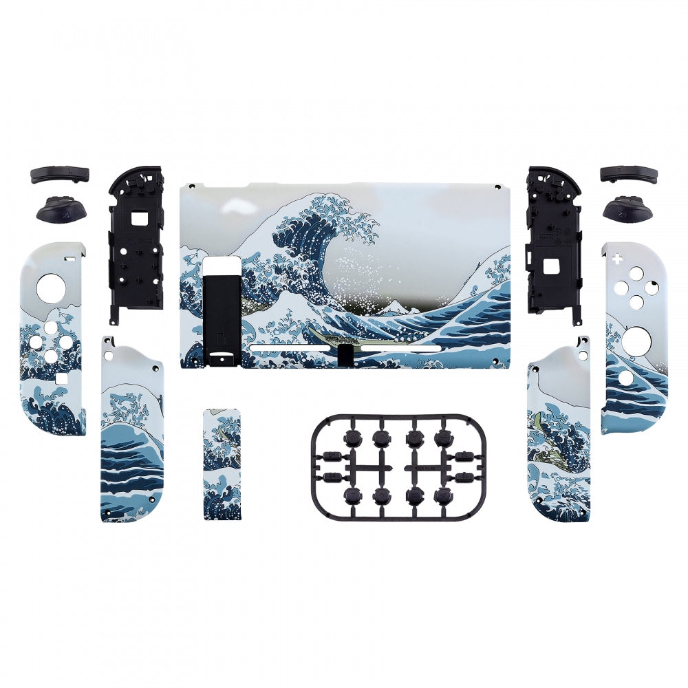 eXtremeRate Soft Touch Grip The Great Wave Back Plate for Nintendo Switch - DIY Replacement Shell with Full Button Set - Upgrade Your Joycon Controller Housing - Perfect for Gaming, Travel & Home Entertainment