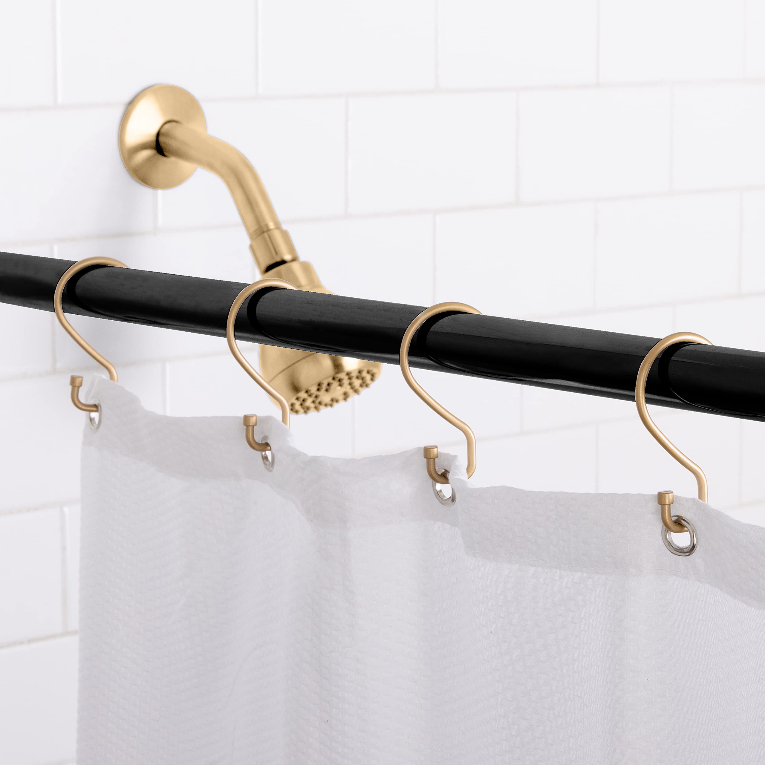 Bath Bliss 12 Pack S-Hook Shower Curtain Rings - Metal S-Shaped Hooks for Easy Glide Installation - Satin Gold Finish - Perfect for Hanging Mugs, Pans & Towels in Bathroom, Kitchen & Dorm Room Organization