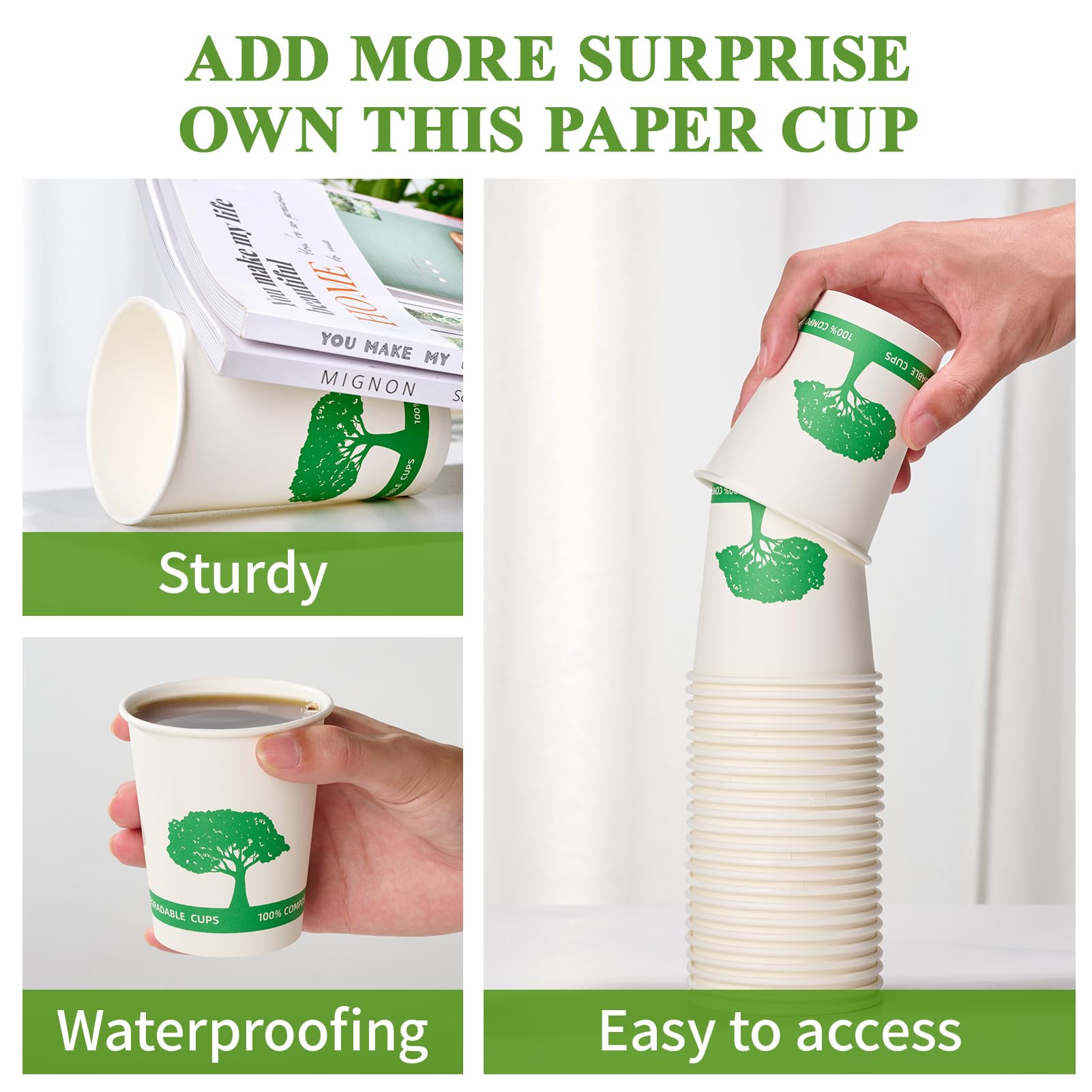 Vplus 400 Pack 8 oz Compostable Paper Coffee Cups | Biodegradable Disposable Hot Drinking Cups | Eco-Friendly Party, Picnic & Event Supplies | Perfect for Coffee Shops, Office Breakrooms & Outdoor Gatherings