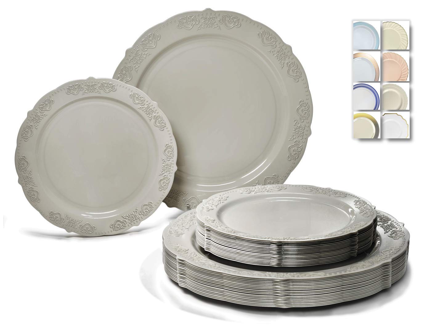 240-Pack Vintage Disposable Plastic Plates Set for Weddings & Parties - 120 x 10.25'' Dinner Plates + 120 x 7.5'' Salad/Dessert Plates in Warm Gray (Portofino) - Perfect for Wedding Receptions, Bridal Showers, Birthday Parties & Outdoor Events