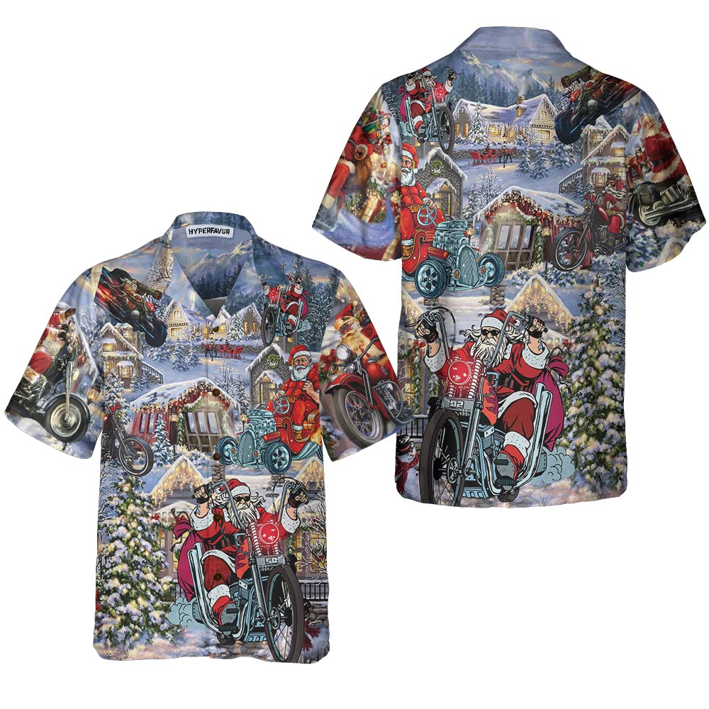 HYPERFAVOR Men's Motorcycle Christmas Shirts - Short Sleeve Holiday Hawaiian Shirts for Bikers - Cool Festive Riding Apparel | Perfect for Christmas Parties, Motorcycle Rides & Holiday Gatherings