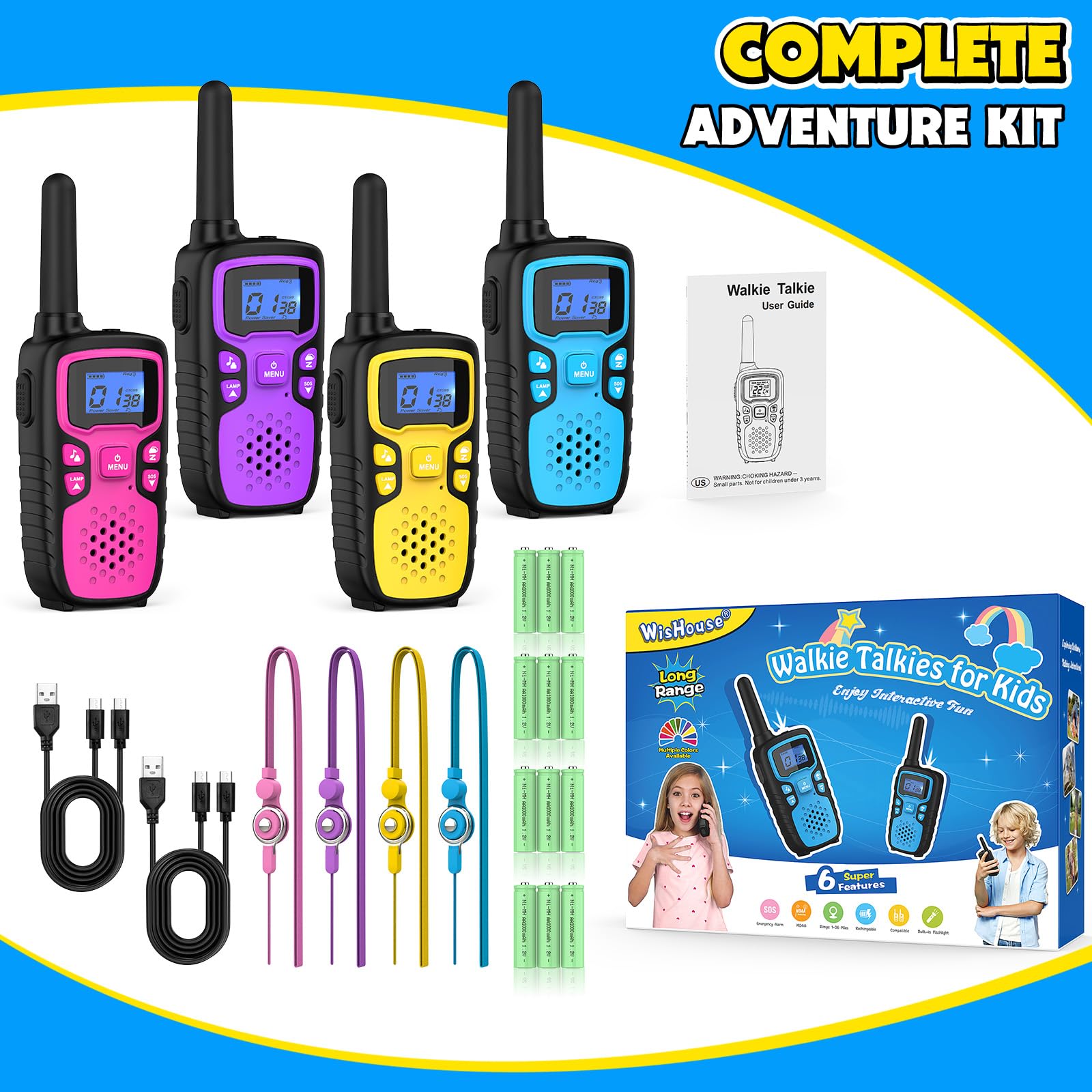 Rechargeable Walkie Talkies for Kids - Long Range 4 Pack with NOAA Weather Alerts, SOS Siren & Flashlight - Perfect Christmas Birthday Gifts for Boys Girls Ages 3-8 - Great for Hiking, Camping, Outdoor Adventures & Family Games
