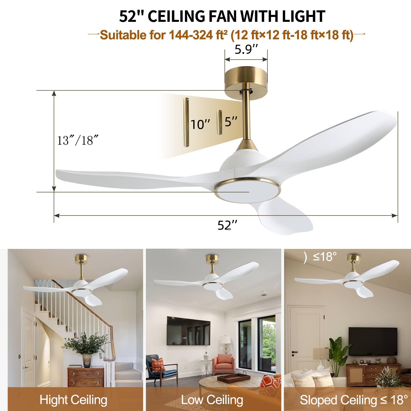 52 Inch 6-Speed High CFM Quiet DC Motor Modern Ceiling Fan with LED Light and Remote Control - 3 Blade White Gold Indoor Ceiling Fan for Bedroom, Living Room, Dining Room, and Office - Energy Efficient Cooling with Stylish Design