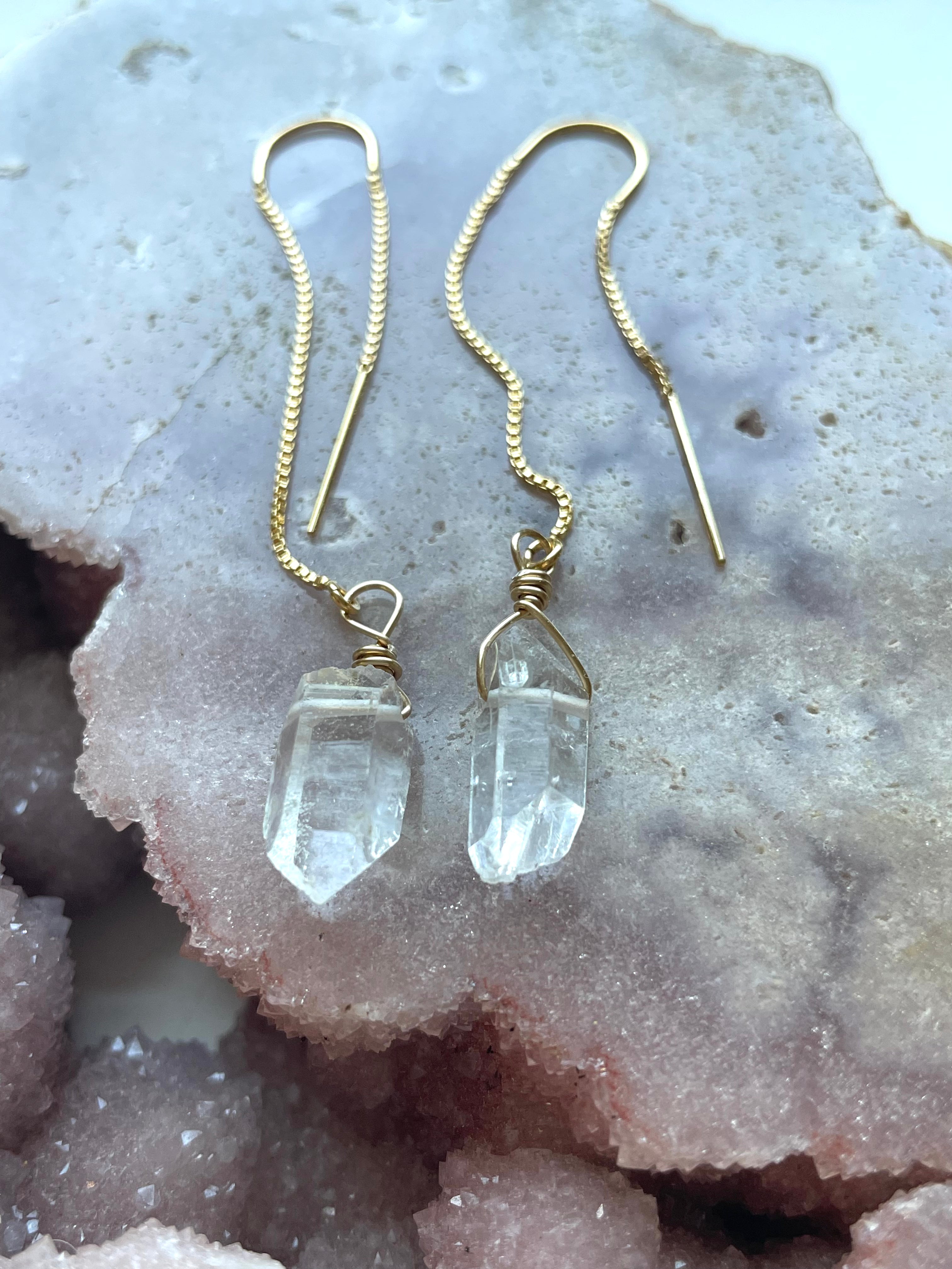 Raw Crystal Quartz Threader Earrings - Gold Filled or Sterling Silver Dangle Earrings for Women | Boho Chic Jewelry for Everyday Wear & Special Occasions