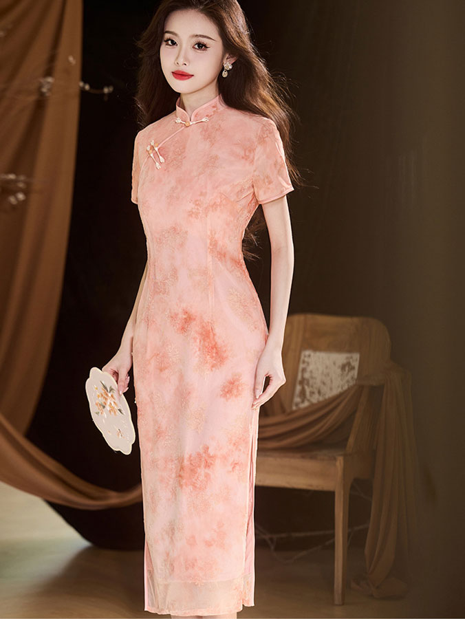 Elegant Pink and Green Jacquard Velvet Cheongsam Qipao Dress for Women | Traditional Chinese Style Evening Gown | Perfect for Weddings, Parties, and Special Occasions