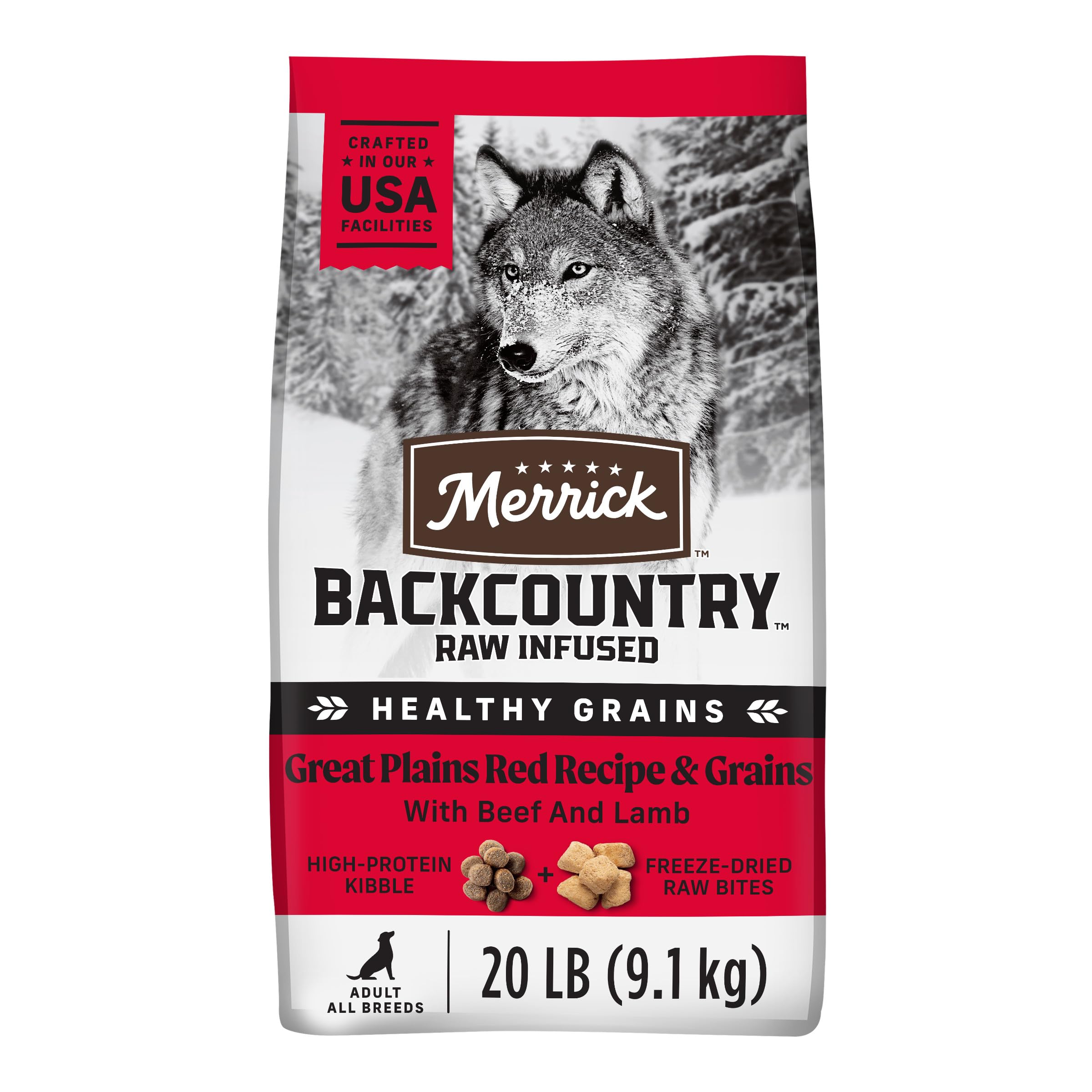 Merrick Backcountry Healthy Grains Kibble With Freeze Dried Raw Pieces - Great Plains Red Meat Recipe Dry Dog Food, 20 lb Bag | High Protein Nutrition for Active Dogs, Outdoor Adventures & Daily Meals