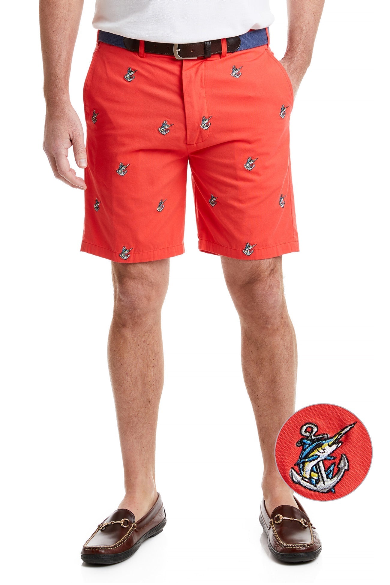 Vintage Washed Red Island Shorts with Anchor & Fish Print - Casual Beachwear for Men | Perfect for Summer Vacations, Boat Trips & Outdoor Adventures