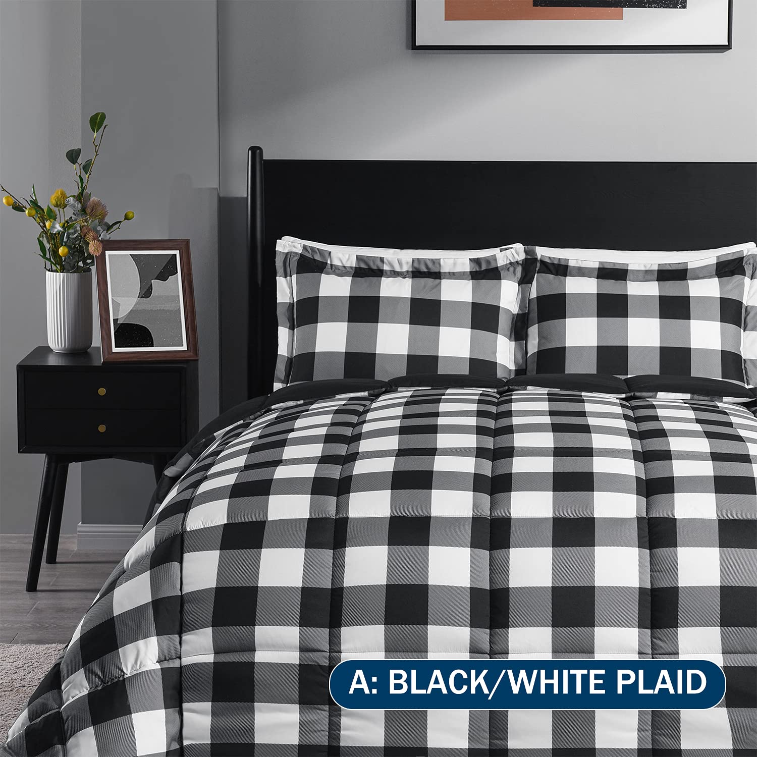 Downluxe Lightweight Plaid Comforter Set Queen Size - 3 Piece Reversible Down Alternative Bedding with 2 Pillow Shams - Black White Checkered Pattern - Perfect for Cozy Bedroom Decor & Guest Room Essentials
