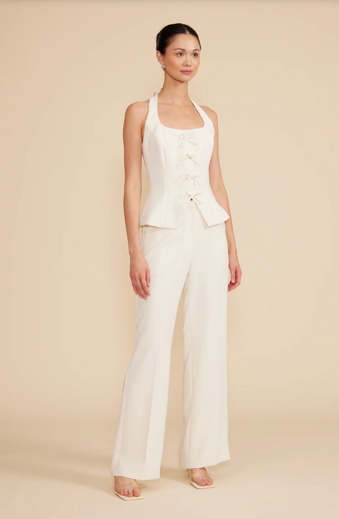 Valli Pants Ivory - Women's High Waisted Wide Leg Palazzo Trousers for Office, Wedding & Casual Wear