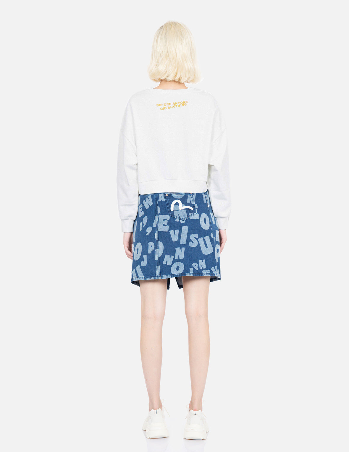 Allover Text Discharge Print Denim Skirt for Women - Vintage High Waisted A-Line Denim Skirt with Distressed Details | Perfect for Casual Outfits, Streetwear & Boho Fashion