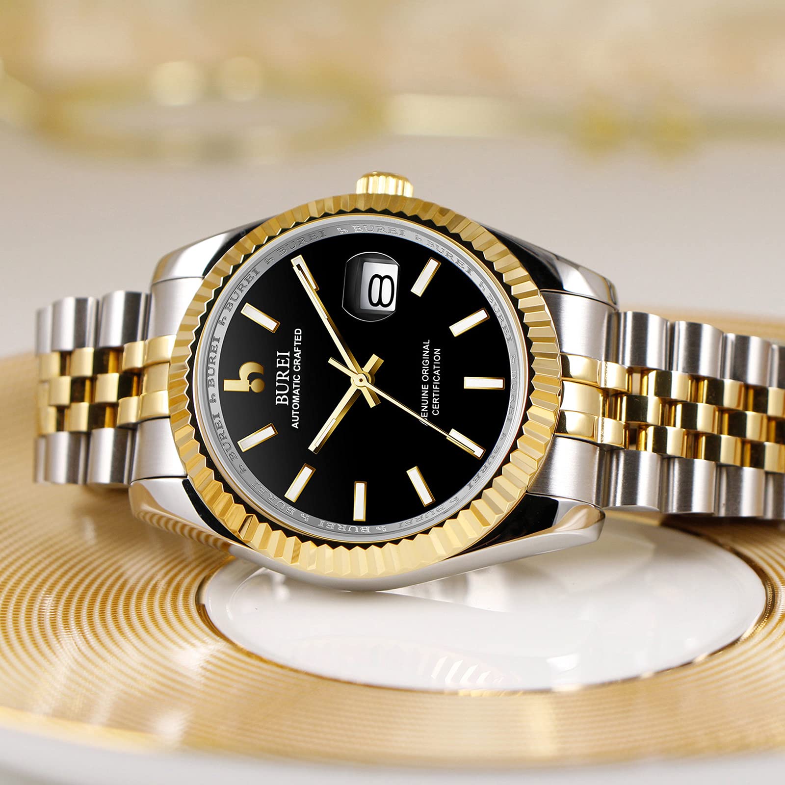 BUREI Men's Classic Automatic Business Watch - Sapphire Crystal Glass, Date Display, Gold & Black - Perfect for Office Wear, Formal Events & Professional Settings