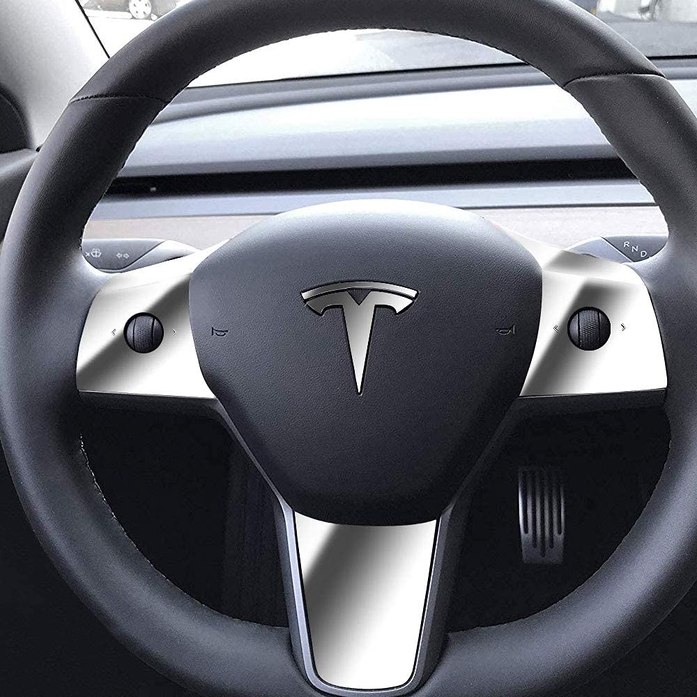 Tesla Model 3 Steering Wheel Logo Wrap Decal Kit - 4 Piece DIY Emblem Overlay Stickers for Personalization (Silver Chrome) | Upgrade Interior & Customize Your Tesla Model 3 for a Premium Look