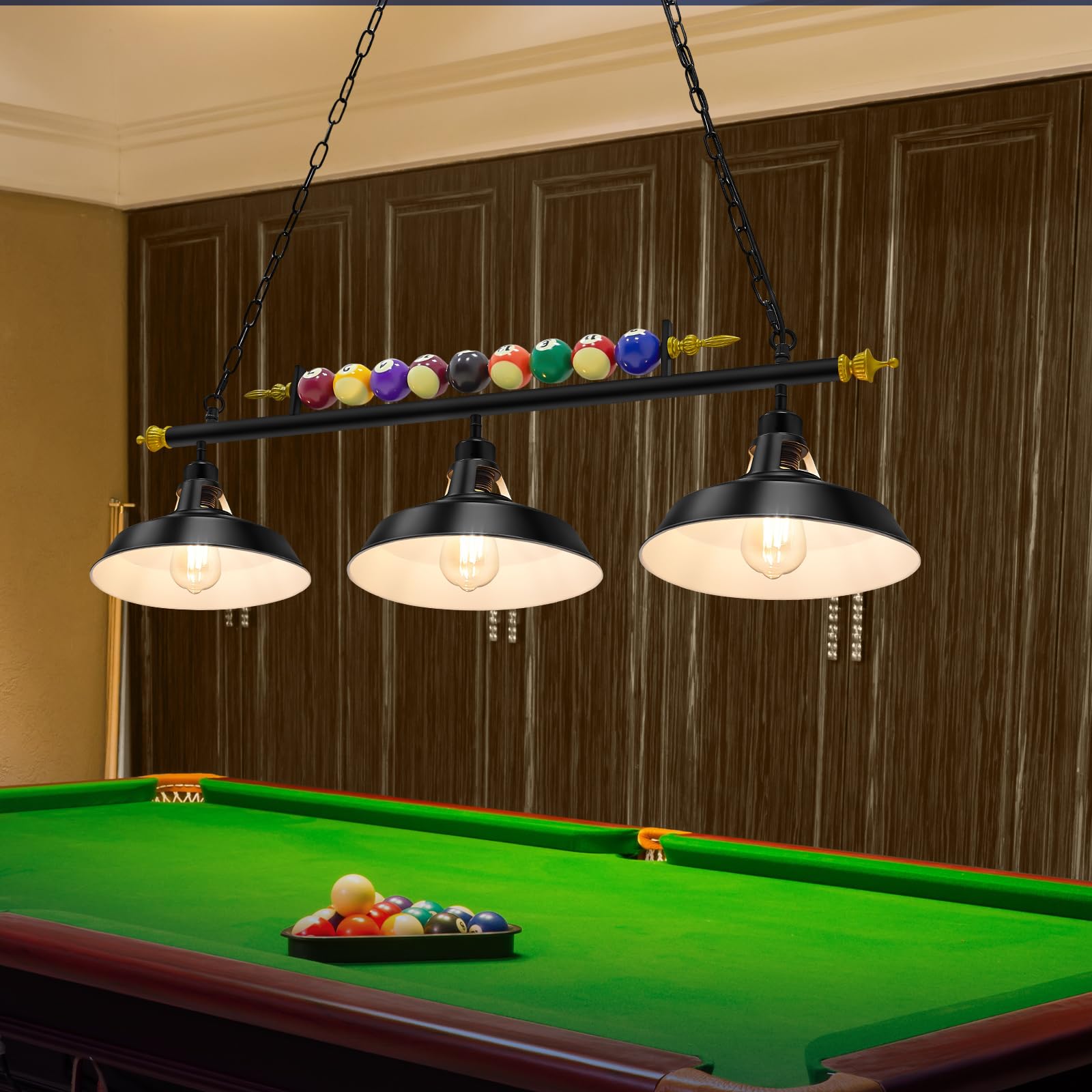 Adjustable Hanging Pool Table Lights for 7-8 Foot Billiards - 3-Light Fixture with Metal Shades, Game Room Lighting, Basement, Man Cave, and Bar Decor (Bulbs Not Included)