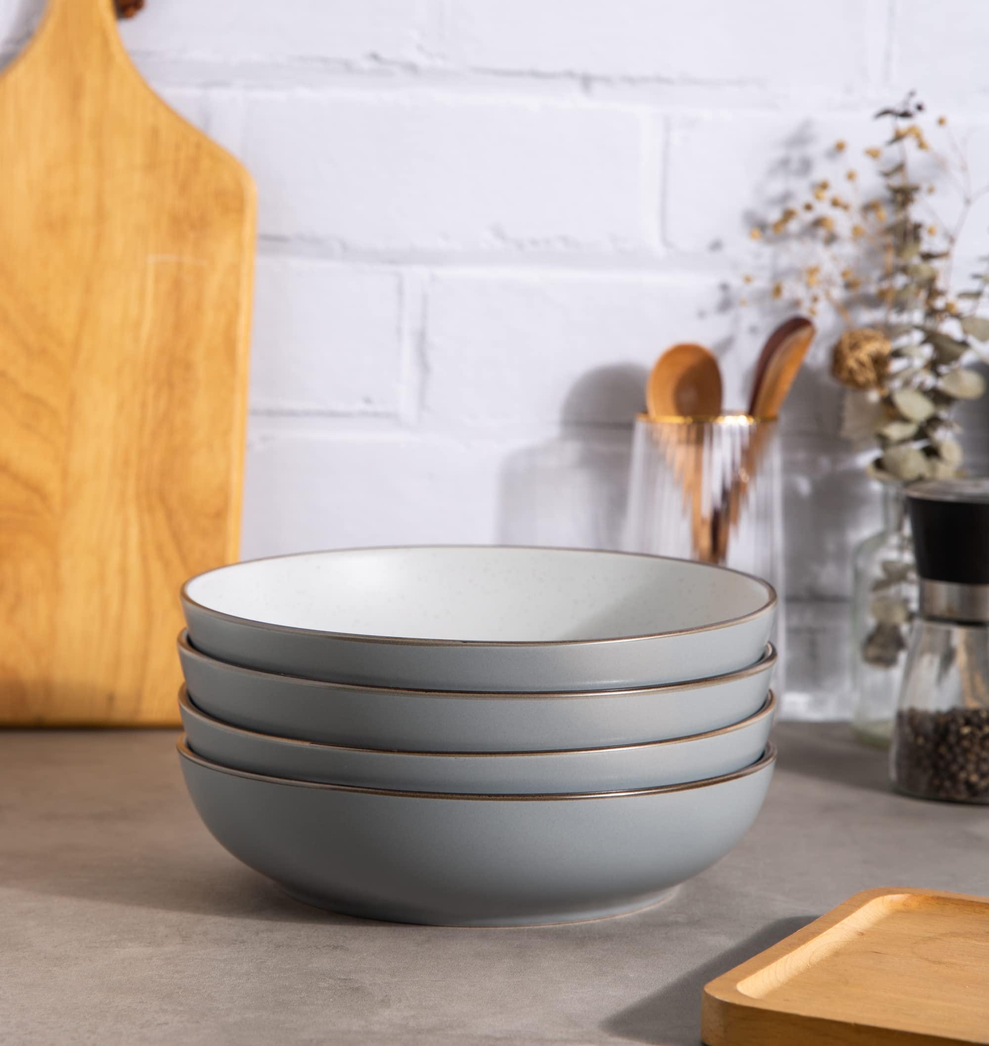 AmorArc 8.5'' Stoneware Pasta Bowls Set of 4 - 32oz Large Speckled Serving Bowls for Pasta, Salad, Oatmeal - Microwave & Dishwasher Safe Matte Gray - Perfect for Family Dinners, Entertaining & Everyday Meals